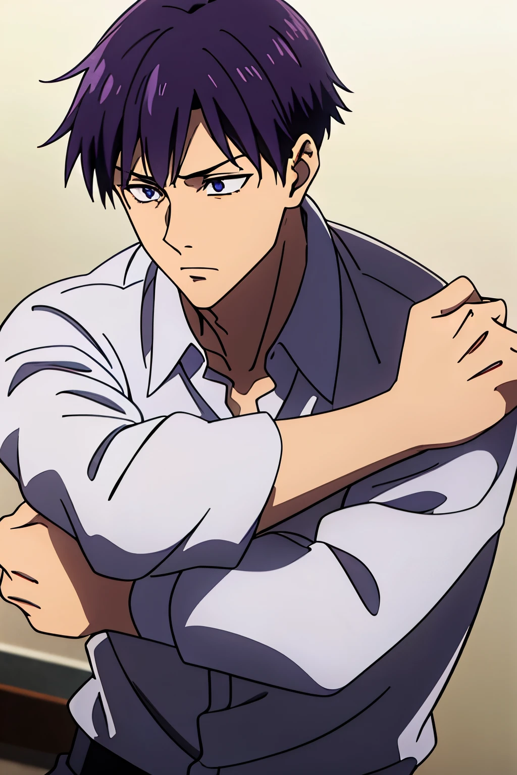muscular male, solo, age, dark purple hair, violet eyes, messy short haircut, side part hairstyle, white collar shirt, messy bangs, push up one's sleeves,