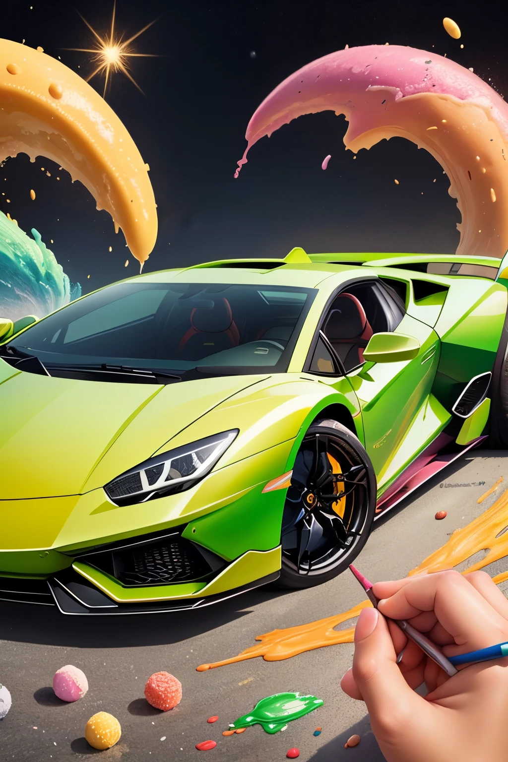 Imagine a captivating coloring page tailored for 'Culinary Creations Chronicles: Coloring Cars - Lamborghini,' designed to delight kids aged 4 to 7. Envision a charming Lamborghini transformed into an artistic masterpiece, with candy-colored racing stripes, ice cream cone wheels, and a sprinkle-coated roof. The lines should be bold and distinct, perfect for young hands to trace and fill with their favorite colors. This illustration is crafted with a high-quality, child-friendly style, ensuring a delightful and imaginative coloring experience for our young artists