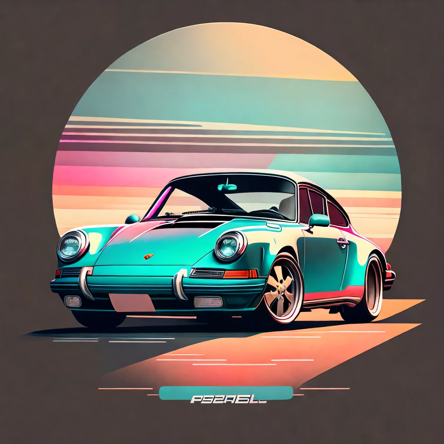 Artwork for t-shirt graphic design, a retro graphic design, porsche 911, miami street, soft four color color, vintage pastel tone, highly detailed clean, vector image, realistic masterpiece, professional photography, realistic car, car sunrise background, flat black background, isometric, vibrant vector