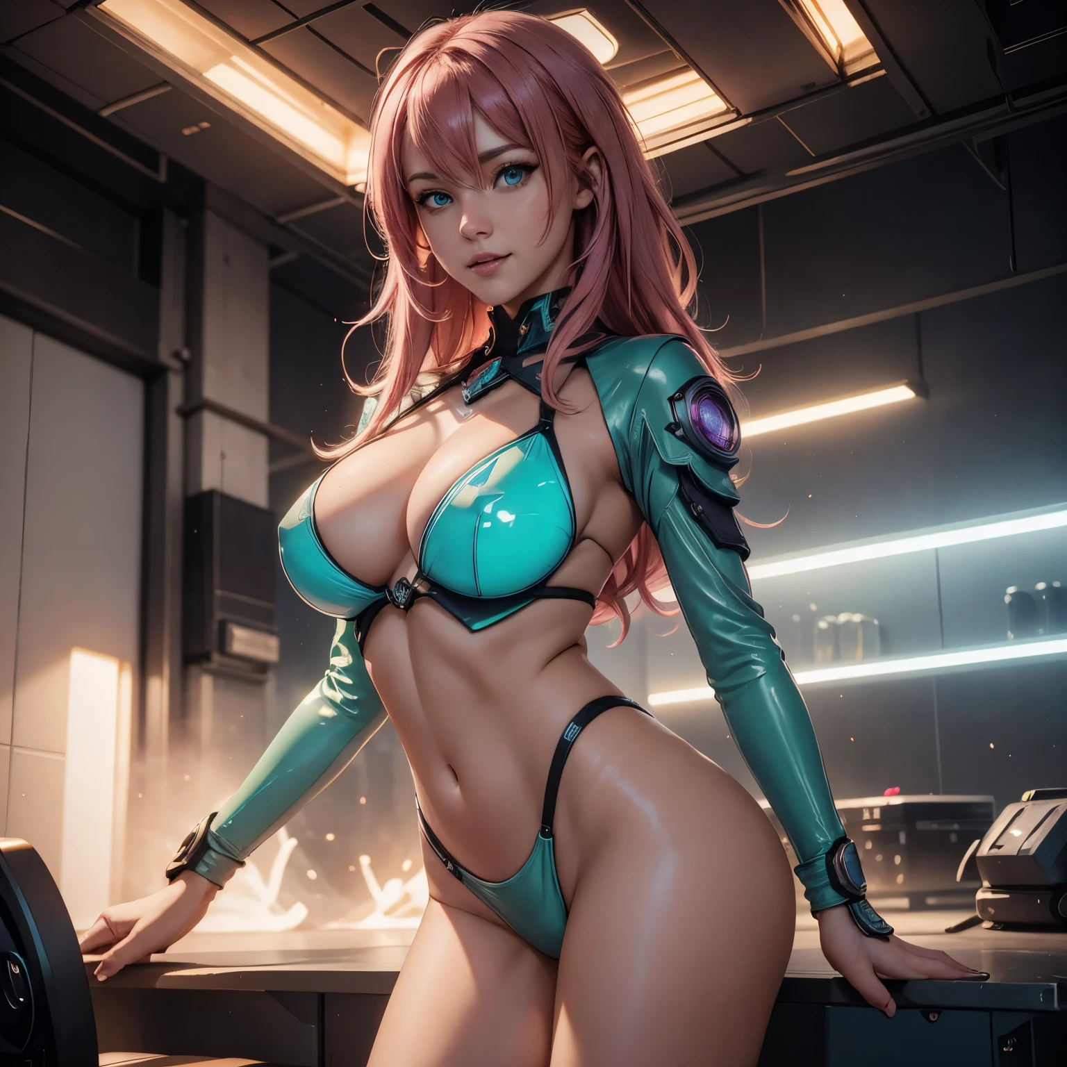 Beautiful nude woman with massive breasts. The breasts are not covered by anything. Full Body posture.  Massive curly very long mix of neon red hair and neon green hair and neon blue hair. Red full thin lips, green eyes, happy Smiles. ((Best quality)), ((masterpiece)), (detailed:1.4), 3D, A beautiful cyberpunk female figure，Thick hair，light particules，Pure energy chaos anti-technology，HDR（HighDynamicRange），Ray traching, NVIDIA RTX, Super-Resolution, Unreal 5, Subsurface scattering, PBR Texturing, Post-processing, Anisotropic Filtering, Depth-of-field,Maximum clarity and sharpness, Multi-layered textures, Albedo and Specular maps, Surface shading, Accurately simulate light-material interactions, perfectly proportions, Octane Render, twotonelighting, largeaperture, Low ISO, White balance, the rule of thirds, 8K RAW transparent leather jacket