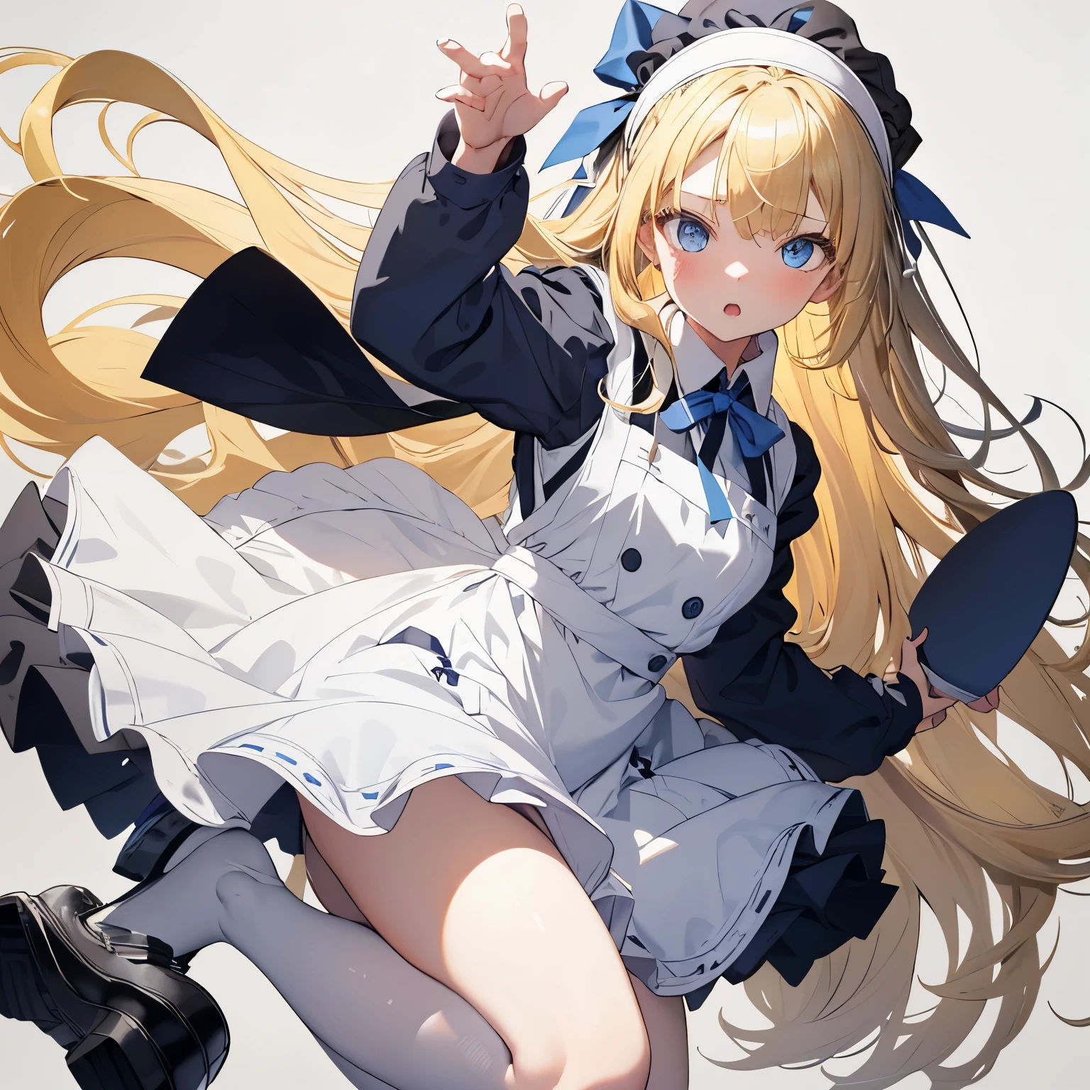 【Highest Quality, masutepiece】 [1 girl in, expressioness, (blonde hair:1.5), long hair, dress, (blue eyes:1.3), white legwear, apron, hairband ribbon, blue dress, shoes, short sleeves, saucer, black footwear, Upper body] (Gray white background:1.5), Surprised,