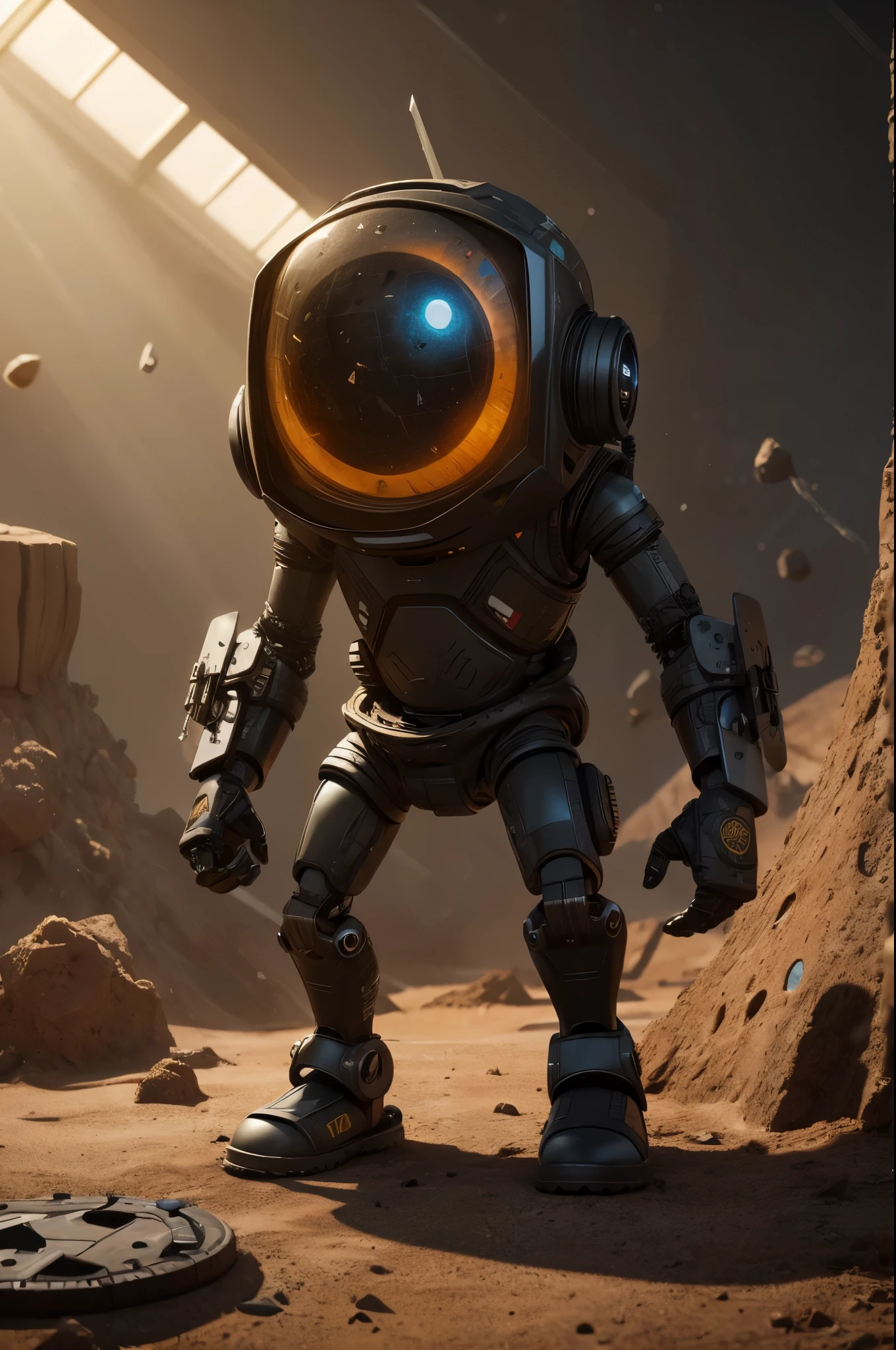 A Modern flat toon Crazy whit a Only Eye Robot, with shield tongs in hands, Tv head, pinhead, camouflage  Yellow   Rusty, Ambient in a meteorite crater super detailed, center, beautiful, soft lighting, focused on the character, 4K resolution, photorealistic rendering.