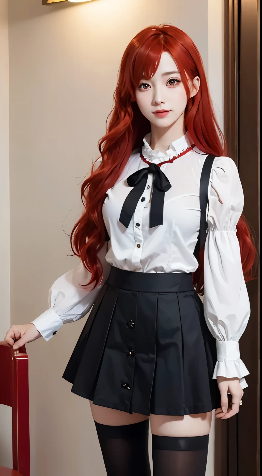 ((best quality)), ((masterpiece)), (detailed), perfect face, ((eyepatch:1.2)), (long hair:1.4), (red hair, red eyes:1.4), 1girl, solo, skirt, shirts, vest, legging, white shirts, Button-up shirts, black vest, smile, outdoors, black skirt, looking at viewer, black legging, rose pattern legging, long sleeves, bangs, ribbon, frilled skirt, frills, plaid, bow, Star shape eyepatch, gold eyepatch, standing, red ribbon, wide sleeves, hand on waist, medium breasts, cafe, inside bosco cafe, cowboy shot, elegance, mature women