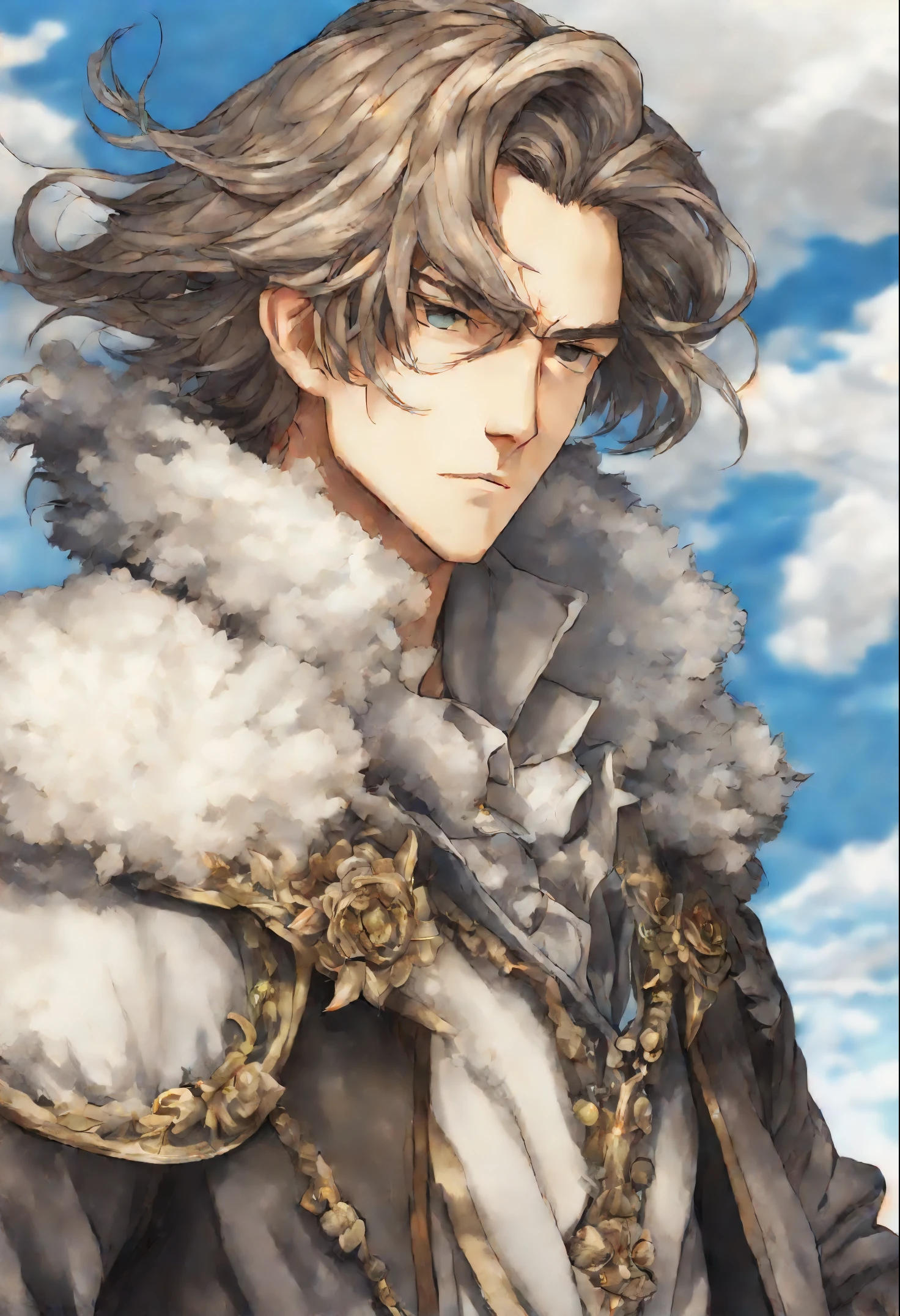 Close-up of a person, Santa Claus, fluffy clouds, shaggy clouds, casimir art, shigenori soejima illustration, boris valejo. octopath traveler, detailed anime character art, detailed key anime art, Granblue Fantasy, handsome guy in demon slayer art, Taisho Roman, crisp clear rpg portrait, Masamune Shiro, key anime art