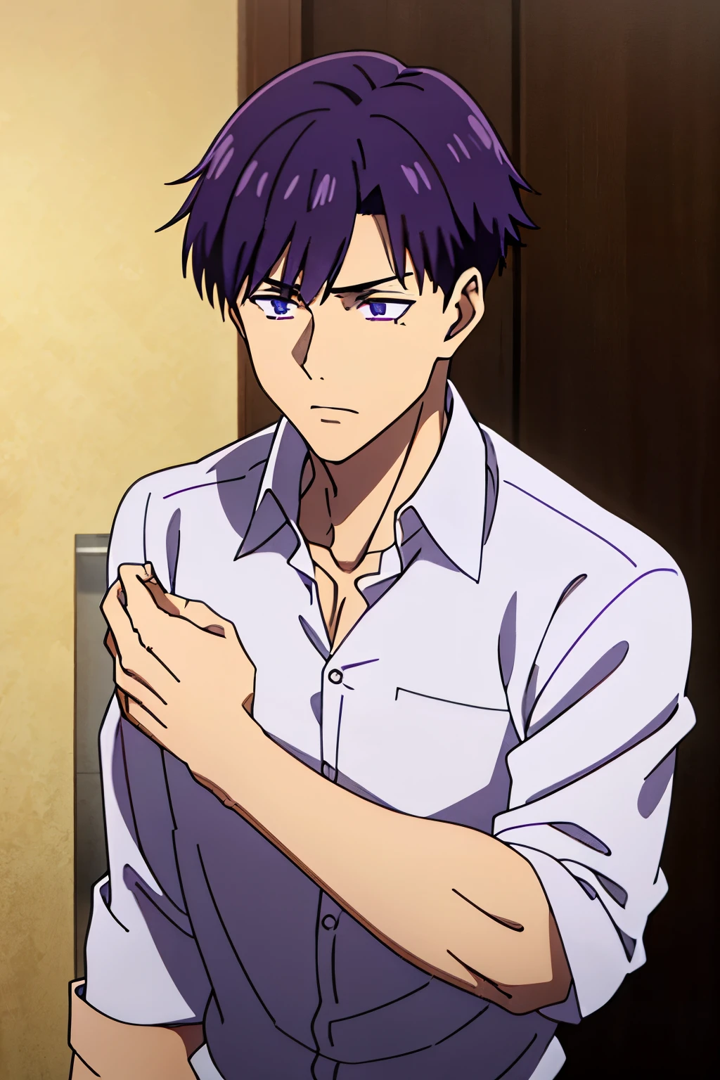 muscular male, solo, teenage, dark purple hair, violet eyes, messy short haircut, side part hairstyle, white collar shirt, messy bangs, push up one's sleeves,