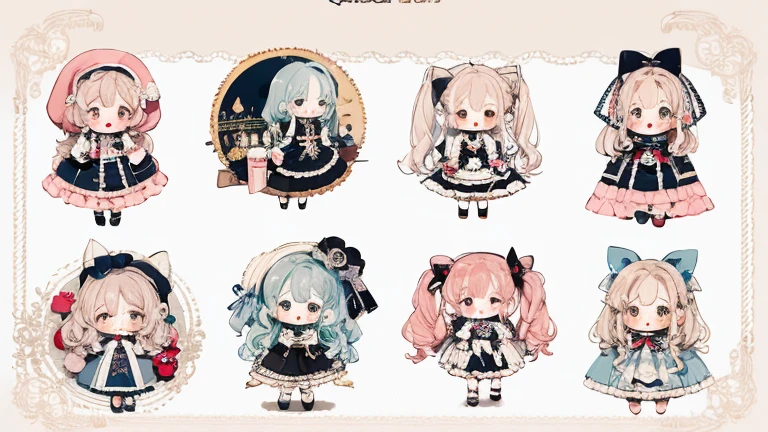 Character design，Q version，chibi，Cute，The ratio of the tilted head to the torso，outfit design，Lolita prostitute，Gorgeous dress，Mittens，Curly，Very intricate，Exquisite，shear node，frilld，band