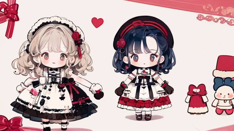 Character design，Q version，chibi，Cute，The ratio of the tilted head to the torso，outfit design，****ta prostitute，Gorgeous dress，Mittens，Curly，Very intricate，Exquisite，shear node，frilld，band