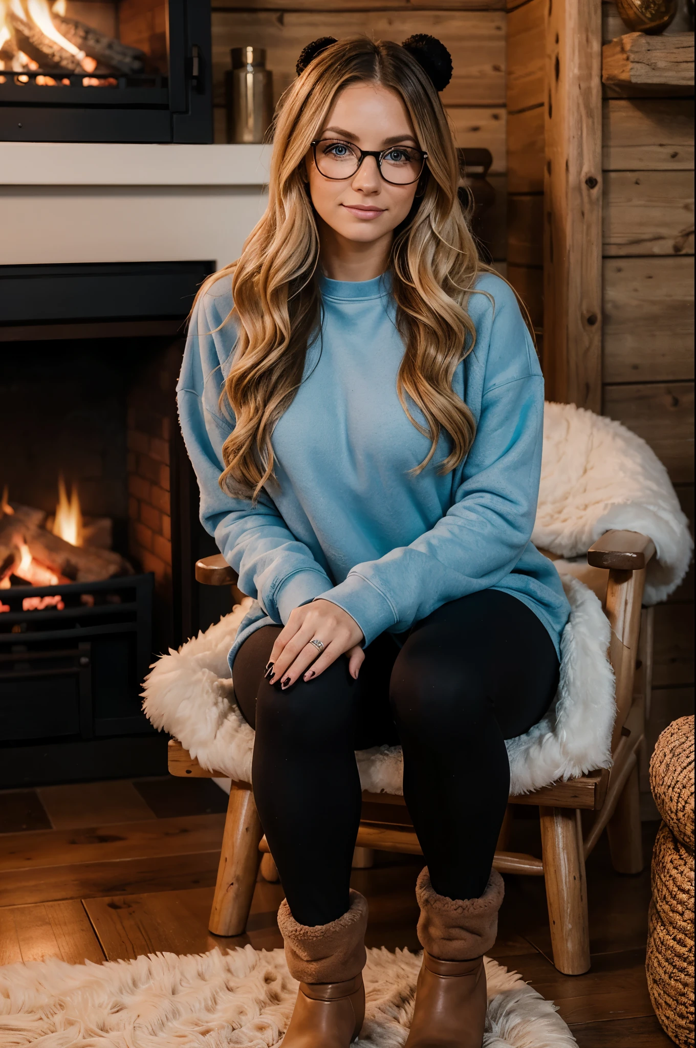 1woman, ombré blonde balayage hair, beautiful blue eyes, freckled face, beautifully detailed face, circle glasses, sweatshirt, seamless black leggings, fuzzy faux fur ugg boots, log cabin by fire place background, full body portrait.