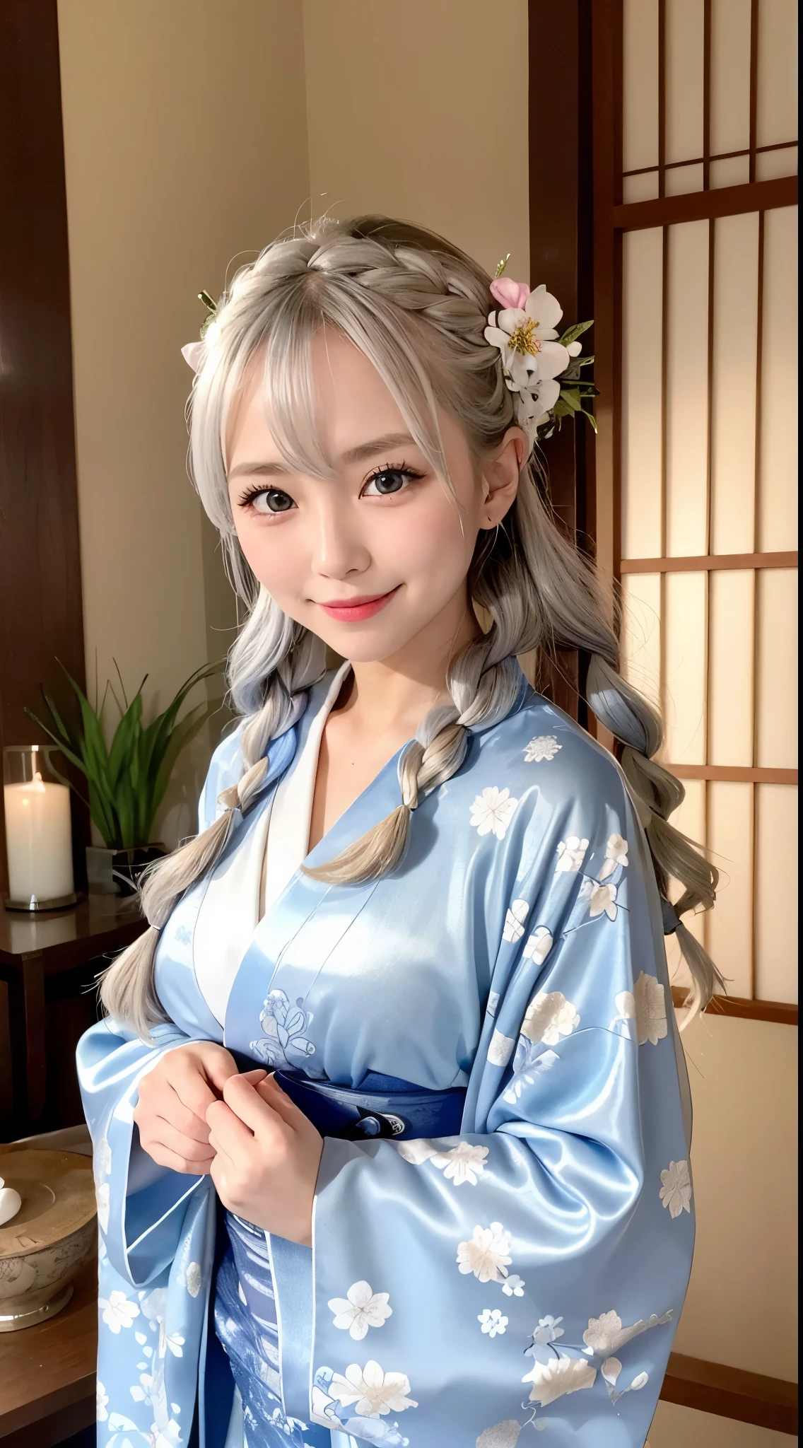 She comes to New Year's visit wearing a long-sleeved kimono.、Silver-haired braid、Blue eyes、Cute smile、A flashy long-sleeved kimono with a floral pattern、