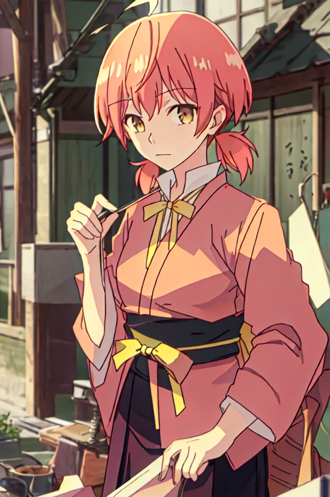 Best Quality, masutepiece, hight resolution, Solo, {Yukata:1.40}, {Kimono:1.20}, {Koito_excellent_Let&#39;s do it:1.15}, Twin-tailed, Short_Twin-tailed, Low_Twin-tailed, brown_Eyes, Ahoge, Pink_hair, Closed_Mouth, yelLow_Bow, Short_hair, yelLow_bow ribbon, Bangs, Bow, bow ribbon, yelLow_Bowtie, hair_Bland_Eyes, orange_hair