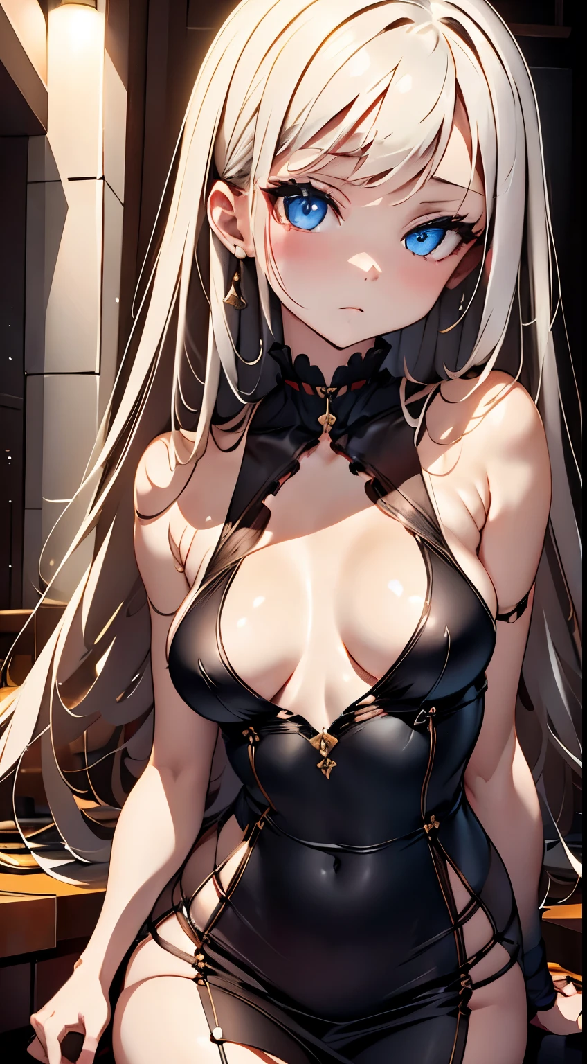 RAW shooting、Photorealsitic、masuter piece、one girls、Smaller face、a 、Very cute、Slender and beautiful、((small tits:1.2))、7Head and body、Meticulously drawn eyes、Attractive eyes、Twin-tailed、little giant、a choker、fine sequin dress、champagne gold dress:1.5、Chess gangte sleeveless dress with bold opening、Anguished poses、Luxurious dance hall、dimly lit dance hall、small title background