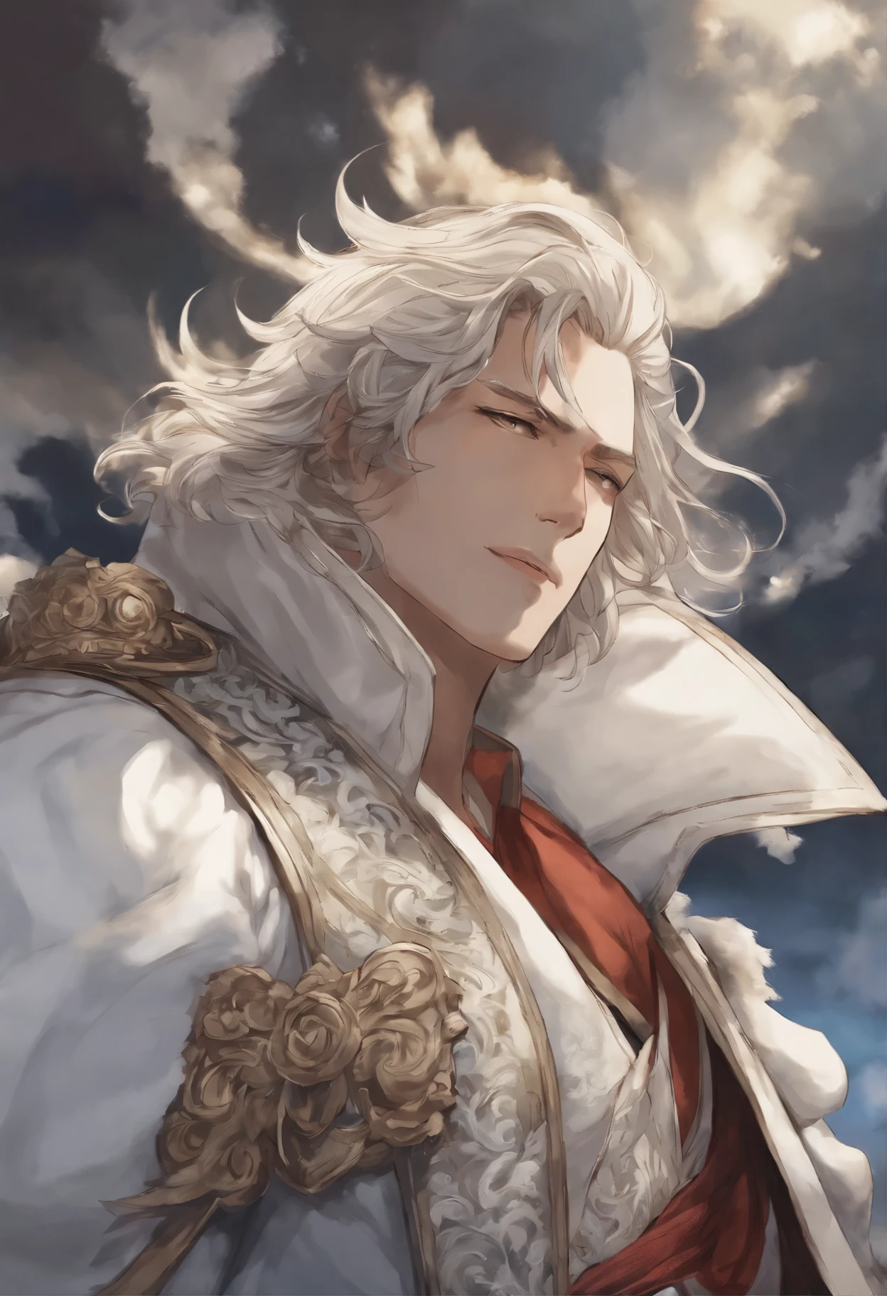 close-up of a man walking on the clouds, Santa clause, fluffy clouds, shaggy clouds, casimir art, shigenori soejima illustration, boris valejo. octopath traveler, detailed anime character art, detailed key anime art, Granblue Fantasy, handsome guy in demon slayer art, Taisho Roman, crisp clear rpg portrait, Masamune Shiro, key anime art