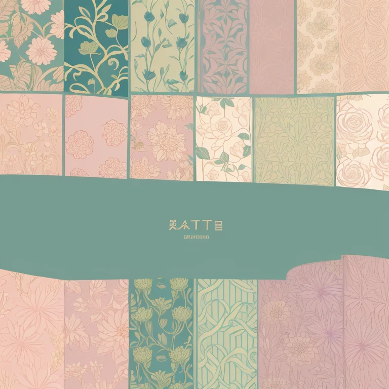 Set pattern of large flowers with plants and vines, defined shape, flat style, vector style, drawing style, naïve style, wallpaper style, in soft pastel colors such as old pink, pastel blue, light blue, beige, pastel violet, pastel yellow and white. No shadows in the images.