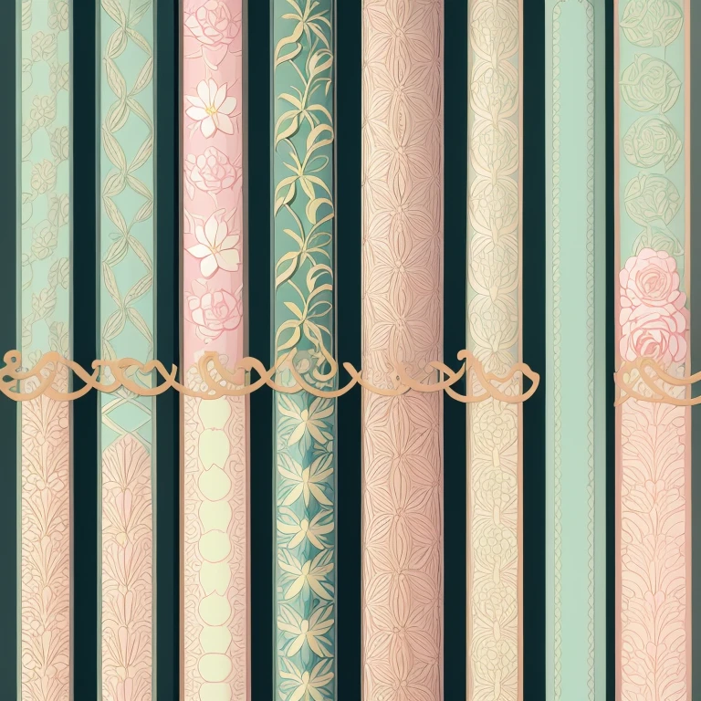 Set pattern of large flowers with plants and vines, defined shape, flat style, vector style, drawing style, naïve style, wallpaper style, in soft pastel colors such as old pink, pastel blue, light blue, beige, pastel violet, pastel yellow and white. No shadows in the images.