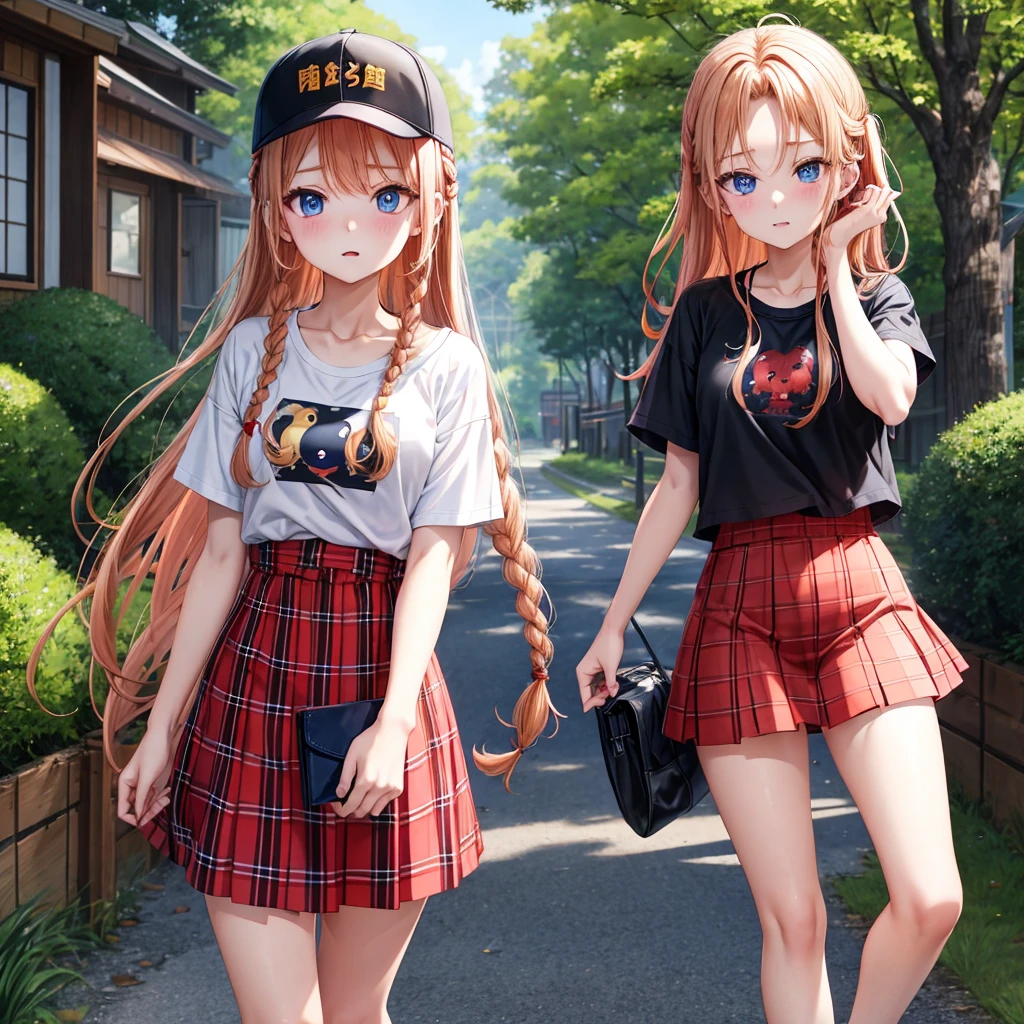 red blonde、blue eyess、Braids、one good looking girl、独奏、animesque、Plaid miniskirt、Black T-shirt、camisole、the woods、Sunlight、Wearing a plaid baseball cap、bare-legged、Tilting your face、Walking