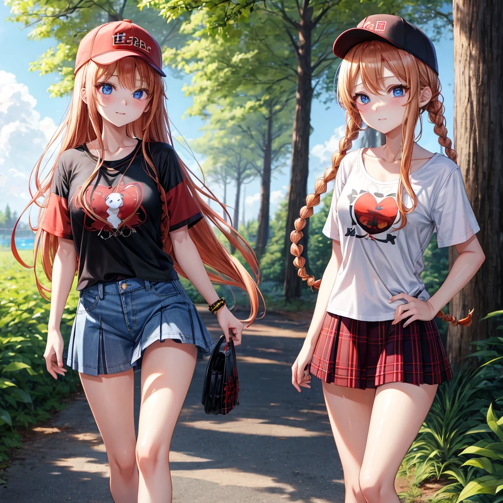 red blonde、blue eyess、Braids、one good looking girl、独奏、animesque、Plaid miniskirt、Black T-shirt、camisole、the woods、Sunlight、Wearing a plaid baseball cap、bare-legged、Tilting your face、Walking