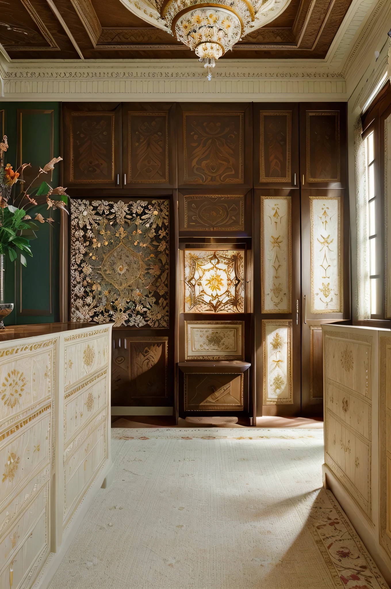 The ceiling is designed to be high and embellished with traditional details such as floral patterns, creating an elegant and charming atmosphere. The main wall often utilizes deep colors like red, dark green, or brown to accentuate the space. Classic paintings, fabric panels, or antique mirrors hung on the wall also add sophistication and refinement. The furniture comprises sofas and cushioned chairs crafted from premium materials and adorned with traditional floral patterns. A luxurious wooden coffee table with exquisite details or intricately carved floral motifs is chosen. Seating areas are creatively arranged to offer both comfort and functionality to the occupants. Natural light is embraced through large windows, creating a magnificent natural tableau within the room. Ornate chandeliers or decorative lights with a classic design, such as crystal pendant lamps or chandeliers, serve as focal points, enhancing the room's opulent beauty. Additionally, the use of decorative items like throw pillows, area rugs, or traditional patterned décor elements such as antique ceramics, handmade crafts further enriches the beauty and complexity of the living room space.