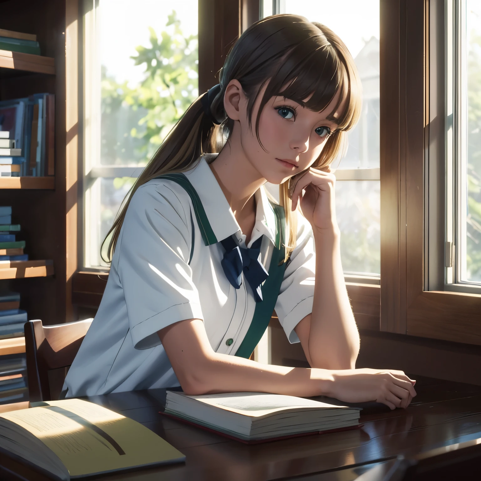 ((masutepiece,Best Quality, High resolution)), 1girl in, Solo, Green eyes, Blonde long hair tied with a blue ribbon, Blunt bangs, Sitting, Arms crossed on the table, Sleep with crossed arms, School uniform, white serafuku, Red sailor collar, Short sleeves, White pleated skirt, (at the library), Dramatic light, beside a window, PM light through the window, PM, bokeh effects