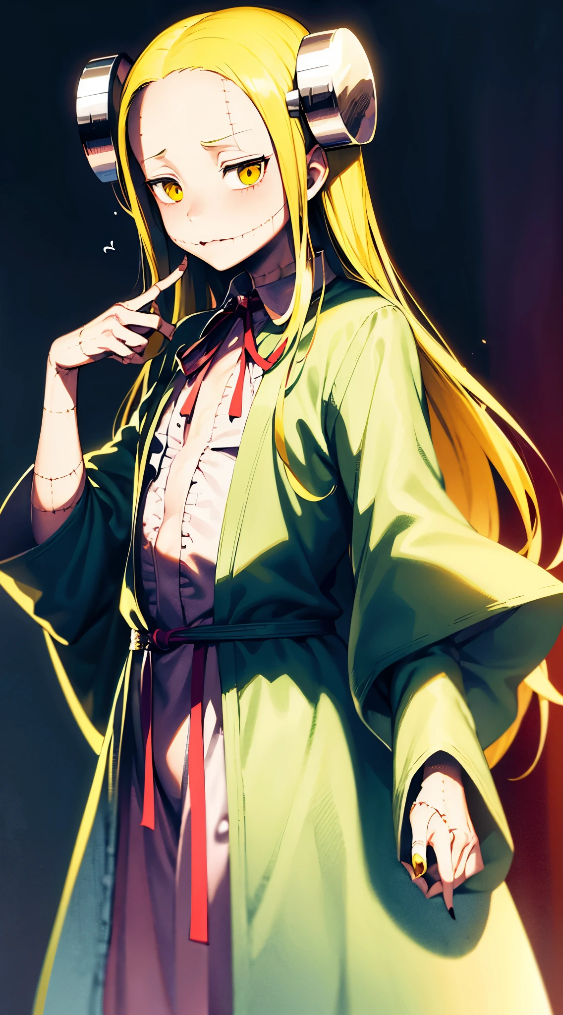 Madaraki_Fran,A  girl ,stands,awkward,the madhatter ,white robe ,wrinkles,concerned,((bites his finger)), hairlong , yellow hair,seams , Scars on the body , A creepy look , scary eyes , An intimidating look , creepy smile , bags under eyes, ((((nervous))))
