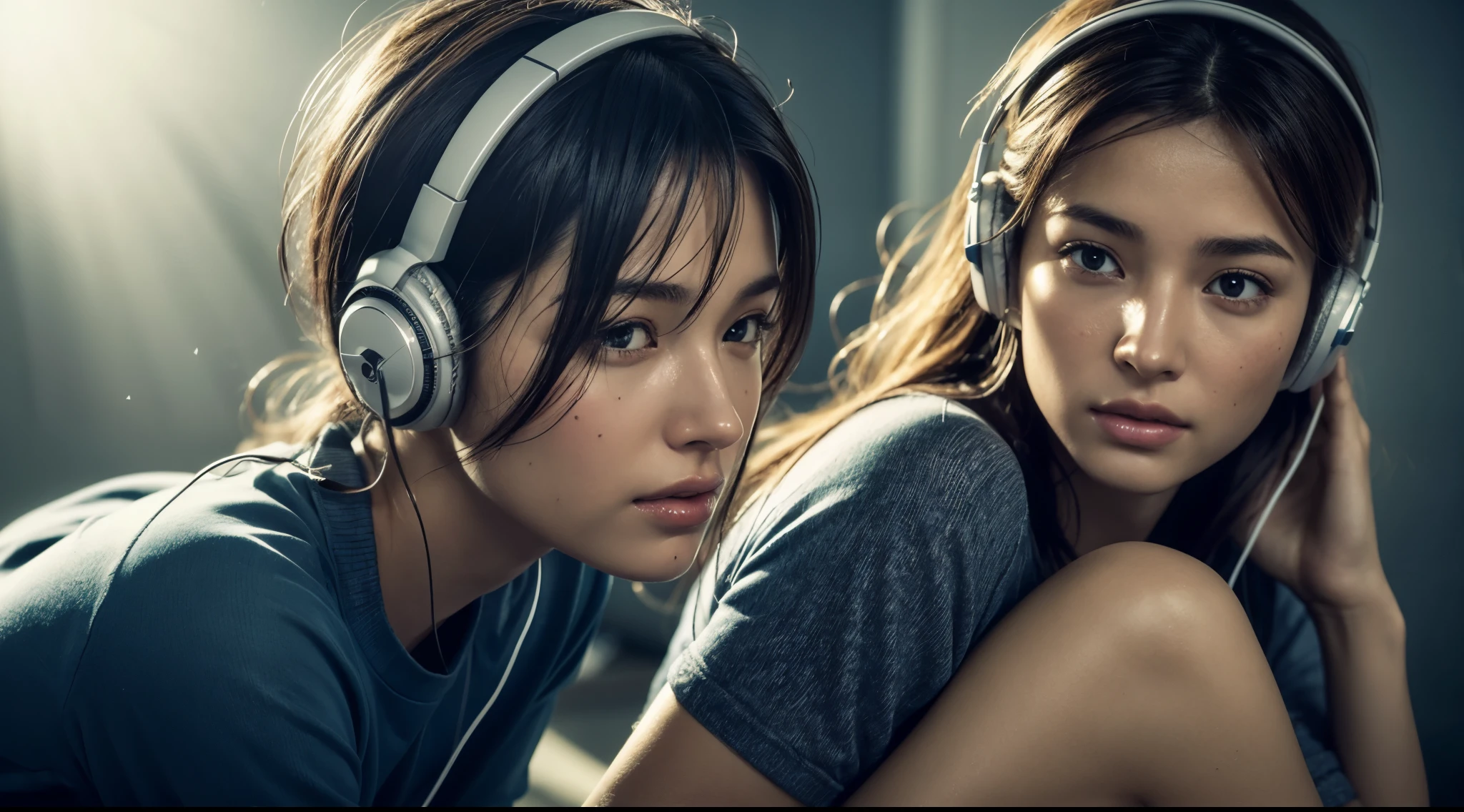 dressed, (photo realistic:1.4), (hyper realistic:1.4), (realistic:1.3), (smoother lighting:1.05), (increase cinematic lighting quality:0.9), 32K, 1girl,20yo girl, realistic lighting, backlighting, light on face, ray trace, (brightening light:1.2), (Increase quality:1.4), (best quality real texture skin:1.4), finely detailed eyes, finely detailed face, finely quality eyes, (tired and sleepy and satisfied:0.0), face closeup, t-shirts with headphones, (Increase body line mood:1.1), (Increase skin texture beauty:1.1)