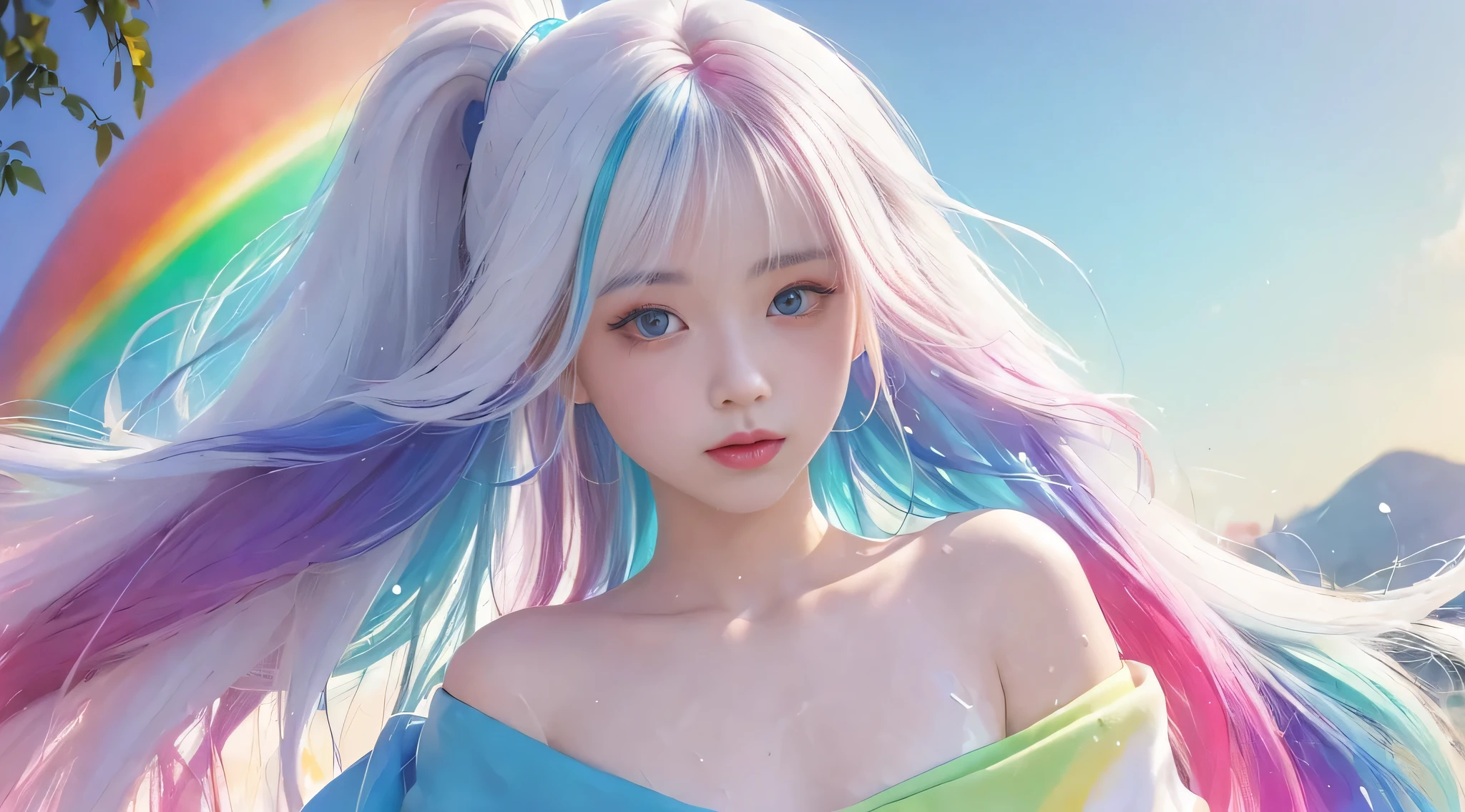 (Pink fashion T-shirt:1.9),(The color hair: 1.8), (all colors of the rainbow: 1.8),(((((vertical painting of aing:1.6))), (painting of aing:1.6),street frontage, 漫painting of a, illuminationss, painting of aings, largeeyes, crystal clear eyes,( rainbow color gradient high ponytail:1.7), Delicatemakeup, close your mouth,(Small Fresh: 1.5),(Clean: 1.6) ,Long eyelashes, white off-the-shoulder T-shirt, white-shoulder shirt,looking at viewert, 水汪汪的largeeyes, (Rainbow-colored hair:1.6), 色彩飞splash, (Alone:1.8), 色彩飞splash, Color explosion, thick painting of a style, Messy lines, ((Shiny)),(Colorful), (Colorful), (Colorful), Colorful, Thick painting of a Style, (splash) (Color splash), Vertical painting of aing, upper part of body, painting of a splash, Acrylic Pigment, slope, painting of a, Highest image quality, Best quality, tmasterpiece, Alone, depth of fields, Face painting of a, Colorful clothes, (Elegant: 1.2), A gorgeous one,Long gray hair, ventania, (Elegant: 1.etal: 1.4),(((tmasterpiece))),(((Best quality))),((ultra - detailed)),(illuminations),(dynamic angle),((floating)),(painting of a),((Unkheveled hair)),(Alone),(1 girl) , (((详细的脸))),((beautiful detailed face)),collars,shoulder,White hair, ((Colorful hair)),((Striped hair)),beautidful eyes,(slope color eyes),(((Colorful eyes))),(((Colorful background))),(((high saturated))),(((surrounded by Colorful splashes))),