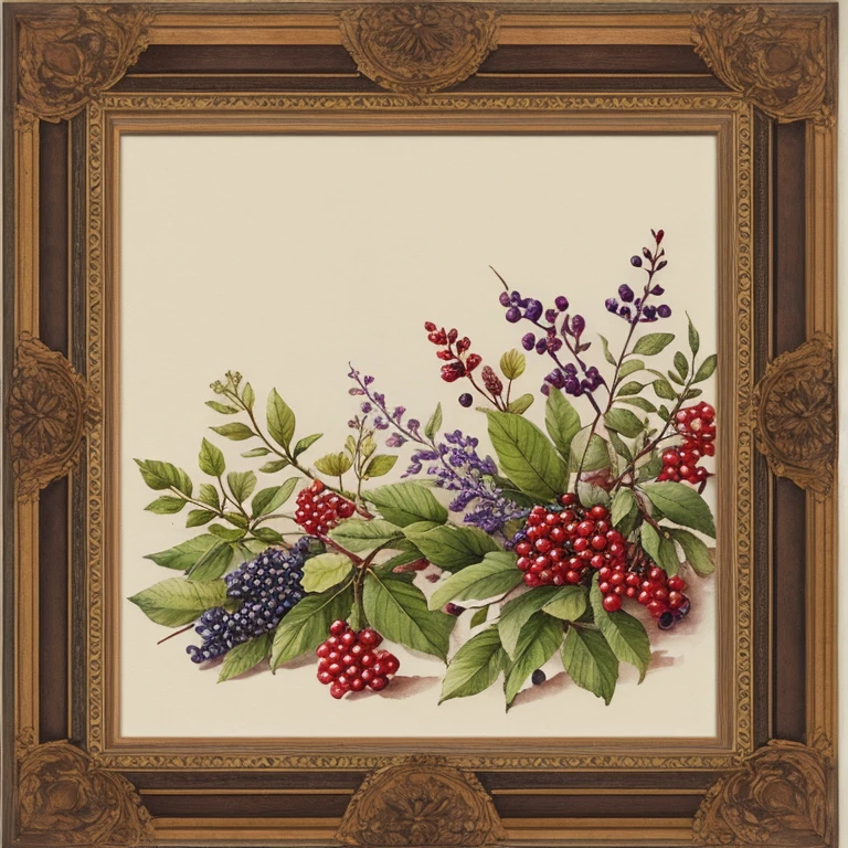 watercolour, Flowers, Berries, leaves, High contrast, muted, vintage