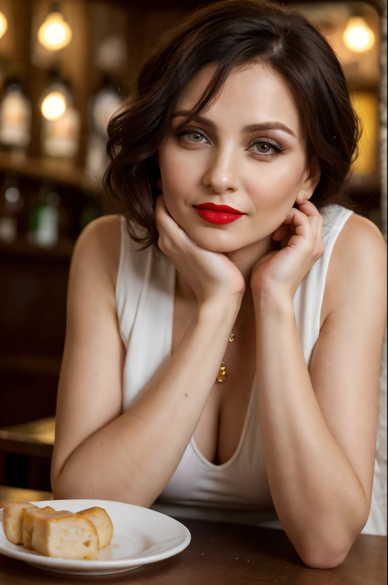 photo of a 38 year old russian woman in an irish pub, profundo_Ojos Perfectos Grinish, Subtle red lipstick, Luz larga_cabello rubio desordenado, piel suave, (Moving away from the viewer:0.9), (desde el lado:0.95), (Antecedentes complejos), unbelievably beautiful, piernas largas, con una chaqueta motera de cuero negro abierta que no cubra su pecho desnudo y plano y (bragas tangas transparentes de encaje), presumido, braless:2, (leaning forward:1.1), (Sonrisa coqueta:1.2), (bashful:-2), epiCRealismo