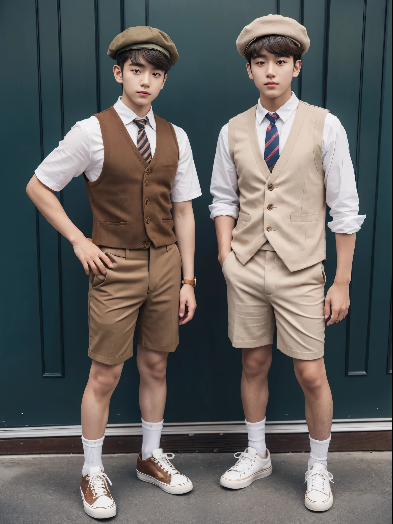 (full entire body) teenage boy,Wearing a white Shirt with necktie .,Wear a brown vest, brown shorts  , white canvas shoes, Wear a brown beret., Men&#39;s fashion,kawaii style(kawaii),real life(lifelike),korea,full entire body