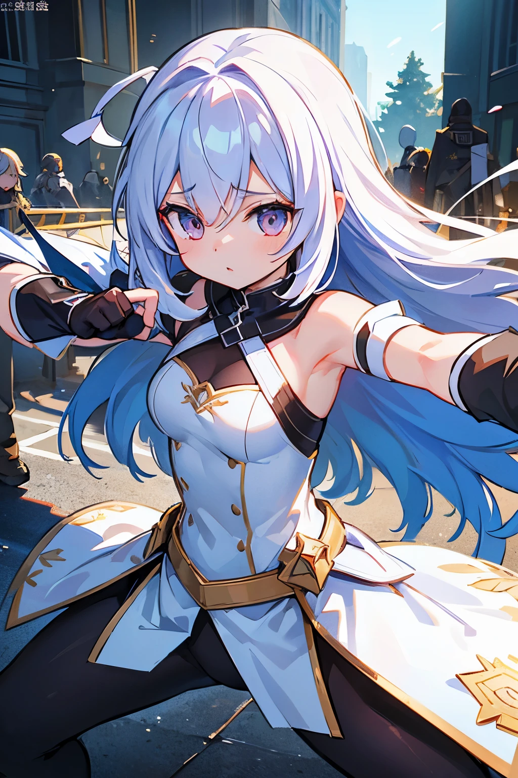 1girl in 、curewhite、aiming at viewer、Dynamic Action Poses for Battle Scenes,​masterpiece, detailed shadow, Detailed light, ighly detailed, 最hightquality, hard disk, in 8K, hightquality、Clear face、(Fighting stance、)、beautiful digital works of art、
