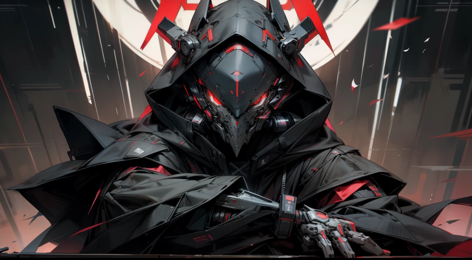 There's a boy wearing a ghost mask and a black hood,with a knife in hand, estilo cyberpunk hiper-realista,Estilo de anime cyberpunk digital,Cores vermelhas