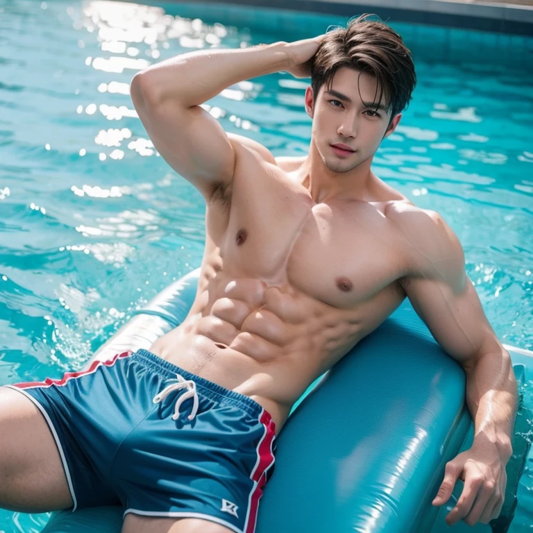 Handsome guy with abs wearing tight swimming trunks