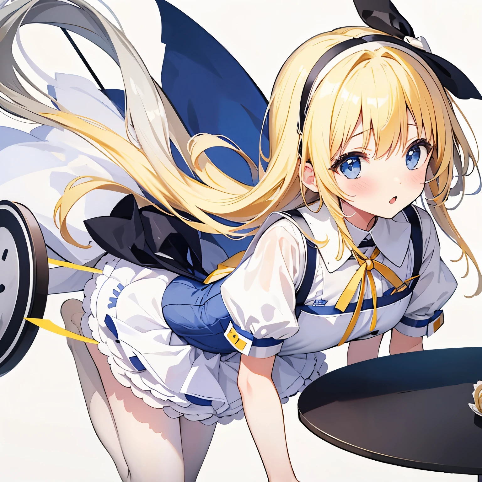 【Highest Quality, masutepiece】  [1 girl in, expressioness, (blonde hair:1.5), long hair, dress, (blue eyes:1.3), white legwear, apron, hairband ribbon, blue dress, shoes, short sleeves, saucer, black footwear, Upper body] (Gray white background:1.7), Surprised,
