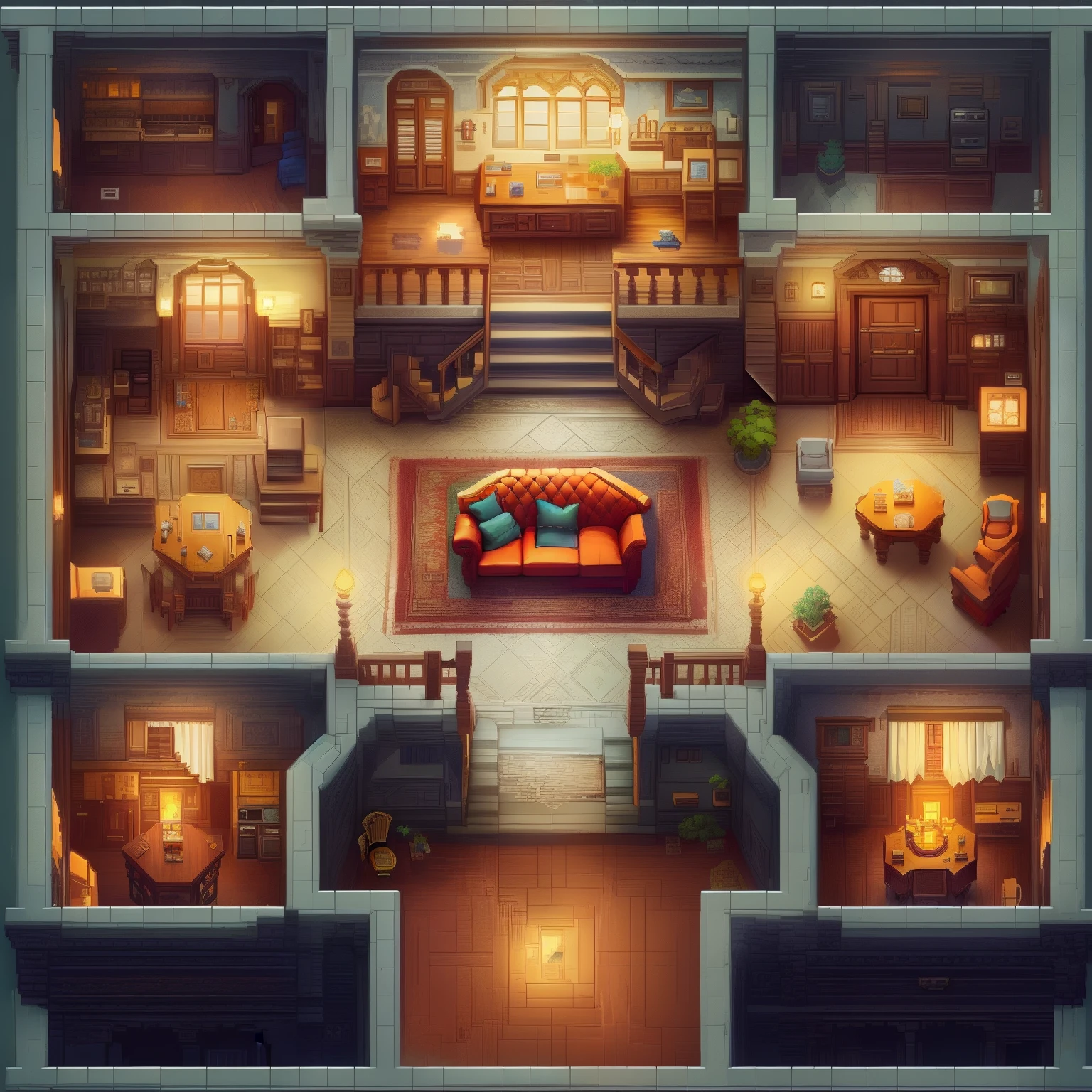 a close up of a house with a staircase and a living room, a multidimensional cozy tavern, rpg maker style bedroom, beautiful detailed pixel art, ultra detailed game art, detailed game art, randomly segmented rooms, detailed pixel art, puzzle-like room, insanely super detailed, 8k high quality detailed art, old apartment, fancy apartment