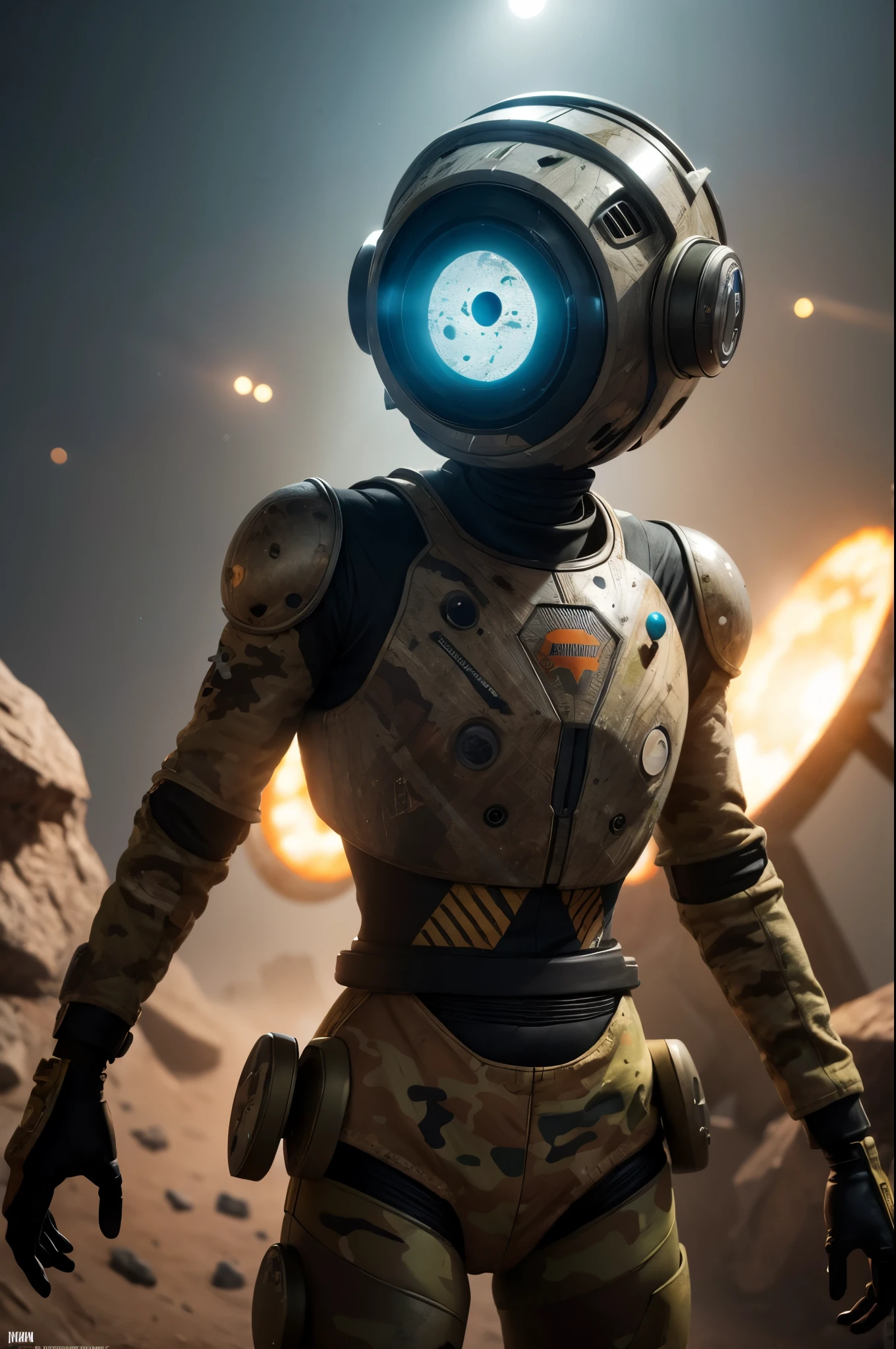 A Modern flat toon Crazy whit a Only Eye Robot, with shield tongs in hands, Tv head, pinhead, camouflage  Yellow   Rusty, Ambient in a meteorite crater super detailed, center, beautiful, soft lighting, focused on the character, 4K resolution, photorealistic rendering.