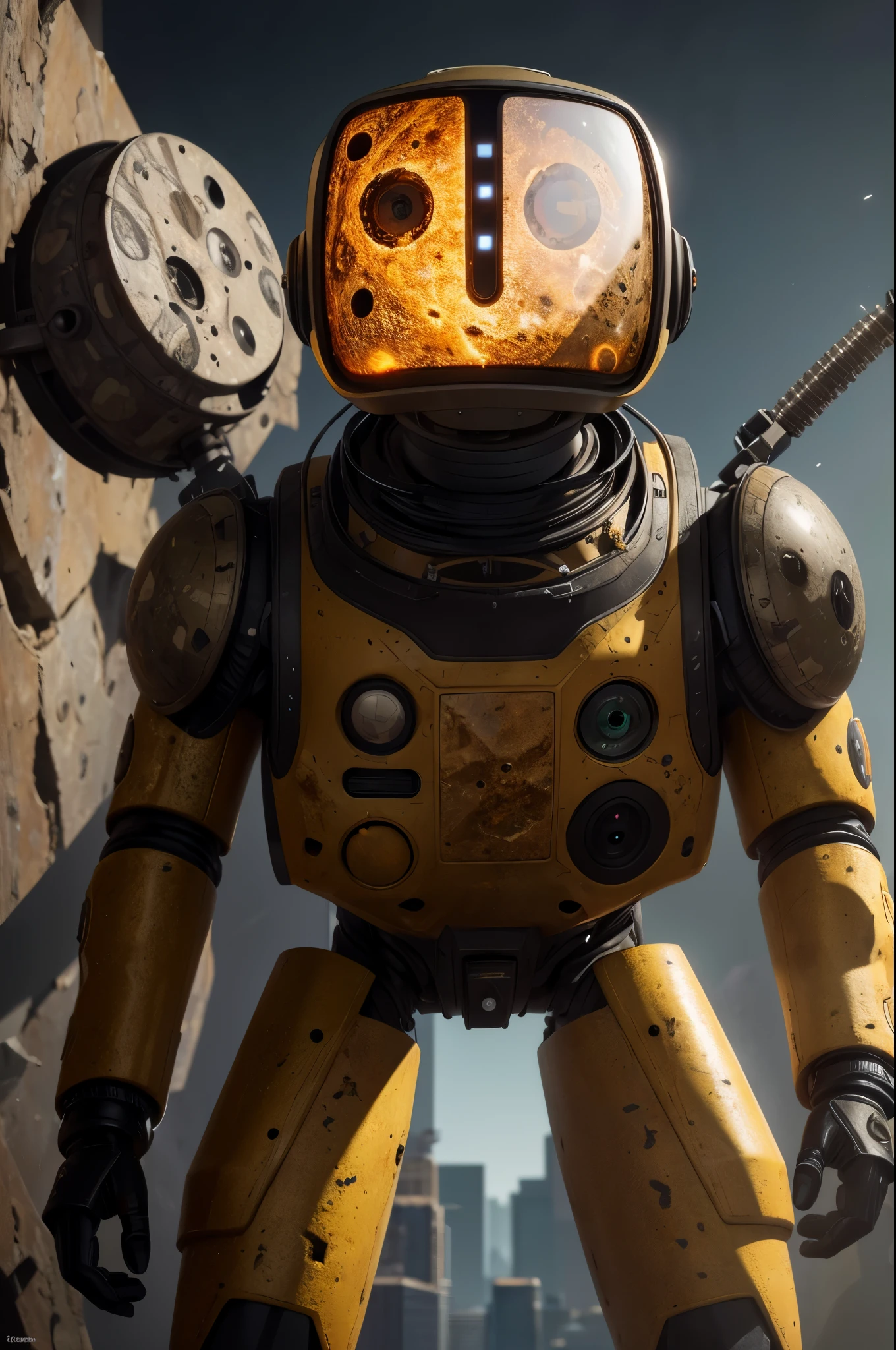 A Modern flat toon Crazy whit a Only Eye Robot, with shield tongs in hands, Tv head, pinhead, camouflage Yellow Rusty, Ambient in a meteorite crater super detailed, center, beautiful, soft lighting, focused on the character, 4K resolution, photorealistic rendering.