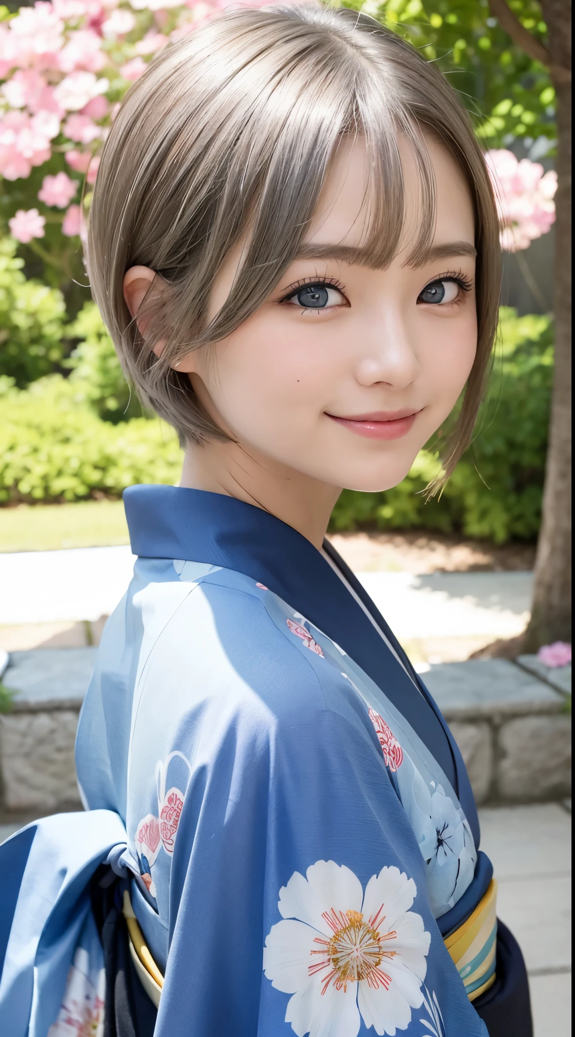 she is a kimono model、fancy floral kimono、Short-cut hair with silver hair、Blue eyes、Cute smile、