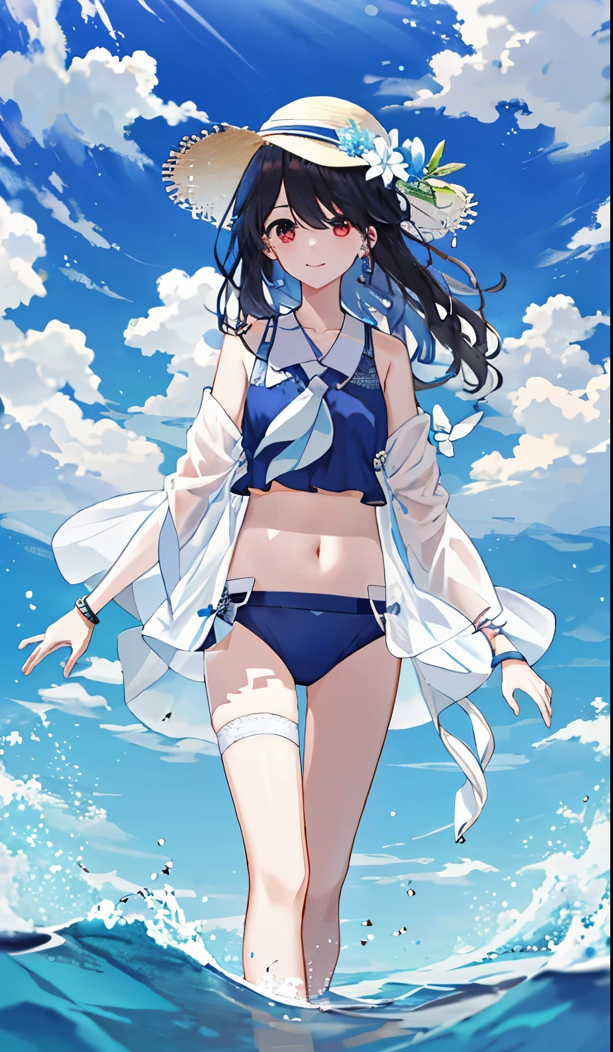 tmasterpiece,A high resolution,, 双臂放Show on the背后,swim wears, 1 girl, 比基尼, The white_比基尼, clouds, critters_hor ears, blue_daysies空, the ocean, daysies空, the hair_decorations, wShow on theer, Black_the hair, daysies, long_the hair, bangle, wading, bigger_, jewely, ssmile, lookingat_Show on the_peeping at the viewer, Be red in the face, Outdoor activities, avaeak, the hair_florals, Wet with, cloudsy_daysies空, navel, florals, 火florals, tmasterpiece, Best quality at best,