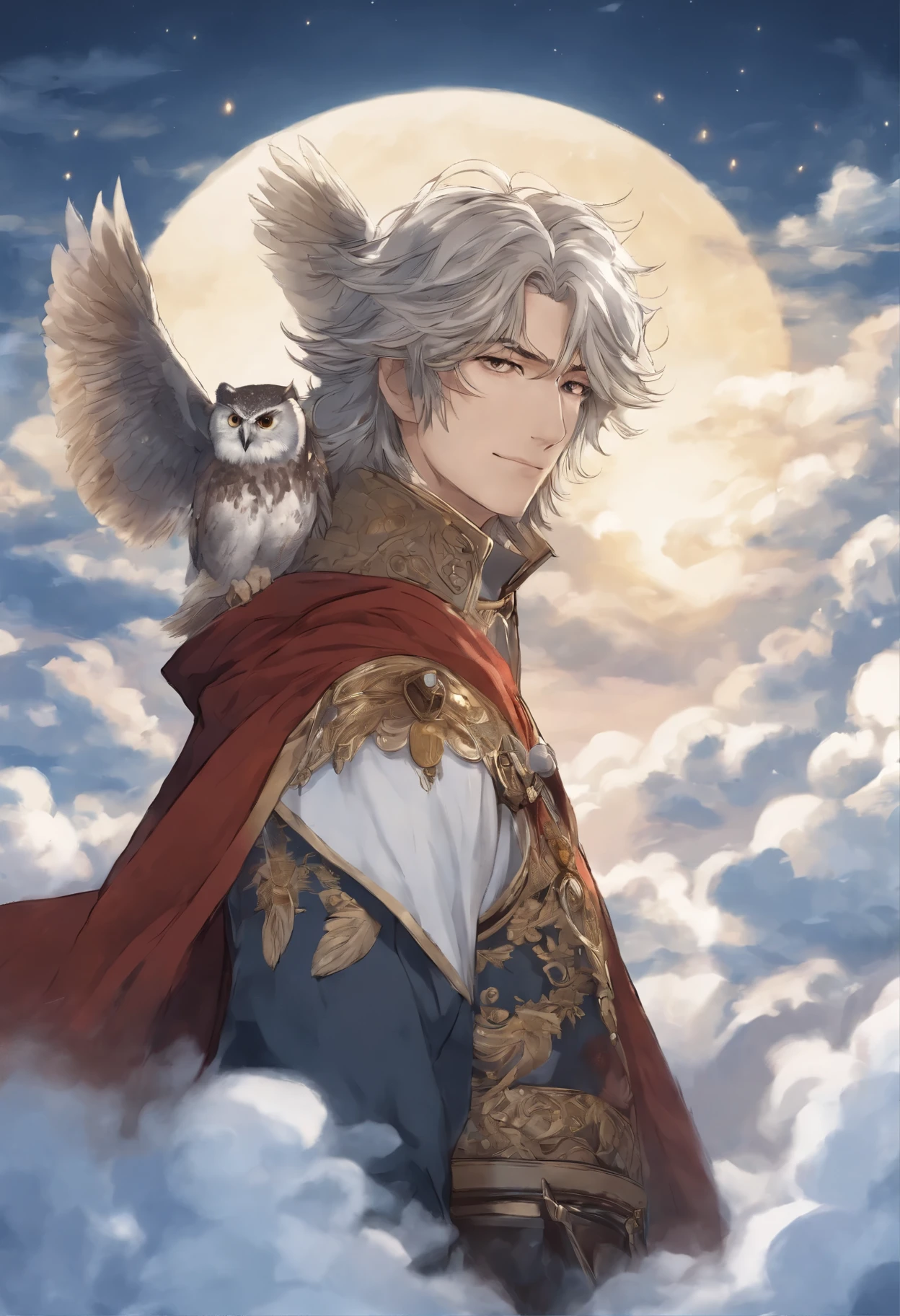 close-up of an owl, Santa Claus walking on the clouds, fluffy clouds, shaggy clouds, casimir art, shigenori soejima illustration, boris valejo. octopath traveler, detailed anime character art, detailed key anime art, Granblue Fantasy, handsome guy in demon slayer art, Taisho Roman, crisp clear rpg portrait, Masamune Shiro, key anime art