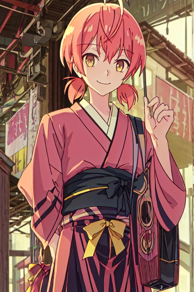 Best Quality, masutepiece, hight resolution, Solo, {Yukata:1.40}, {Kimono:1.20}, {Koito_excellent_Let&#39;I will do:1.15}, Twin-tailed, Short_Twin-tailed, Low_Twin-tailed, brown_Eyes, Ahoge, Pink_hair, Closed_Mouth, yelLow_Bow, Short_hair, yelLow_bow ribbon, Bangs, Bow, bow ribbon, yelLow_Bowtie, hair_Bland_Eyes, orange_hair,a smile