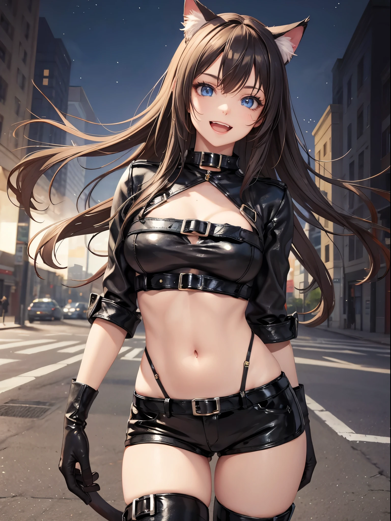 Catgirl,beltbra, leather  shorts, cat ears, black gloves, black boots, smiling, open mouth, wide smile, blue eyes,standing