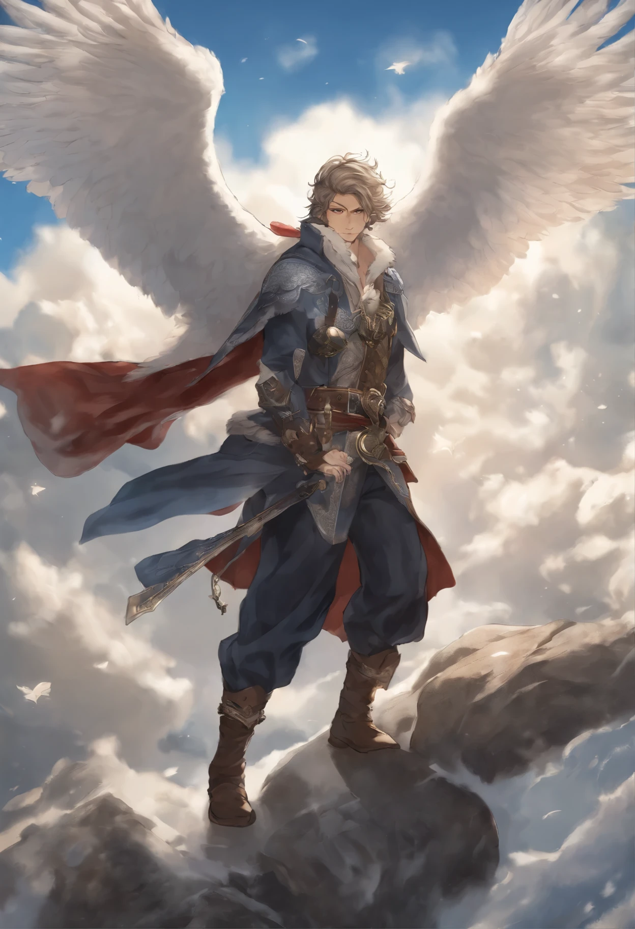 close-up of an owl, Santa Claus walking on the clouds, fluffy clouds, shaggy clouds, casimir art, shigenori soejima illustration, boris valejo. octopath traveler, detailed anime character art, detailed key anime art, Granblue Fantasy, handsome guy in demon slayer art, Taisho Roman, crisp clear rpg portrait, Masamune Shiro, key anime art