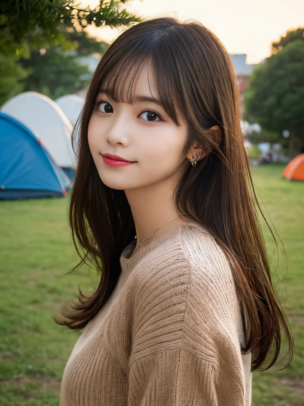 masutepiece, Best Quality, Illustration, Ultra-detailed, finely detail, hight resolution, 8K Wallpaper, Perfect dynamic composition, Beautiful detailed eyes, she is wearing a black long sleeve knit,Medium Hair,Natural Color Lip, Bold sexy poses,Smile,Harajuku、20 years girl、Cute、Sexy shot looking at camera、C Cup、Brown hair、cacique#39;s face、Blurred campsite background