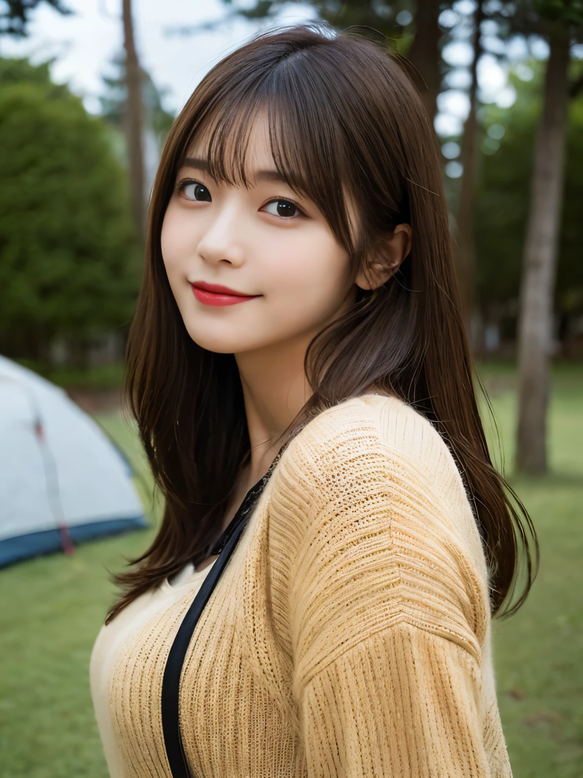masutepiece, Best Quality, Illustration, Ultra-detailed, finely detail, hight resolution, 8K Wallpaper, Perfect dynamic composition, Beautiful detailed eyes, she is wearing a black long sleeve knit,Medium Hair,Natural Color Lip, Bold sexy poses,Smile,Harajuku、20 years girl、Cute、Sexy shot looking at camera、C Cup、Brown hair、cacique#39;s face、Blurred campsite background