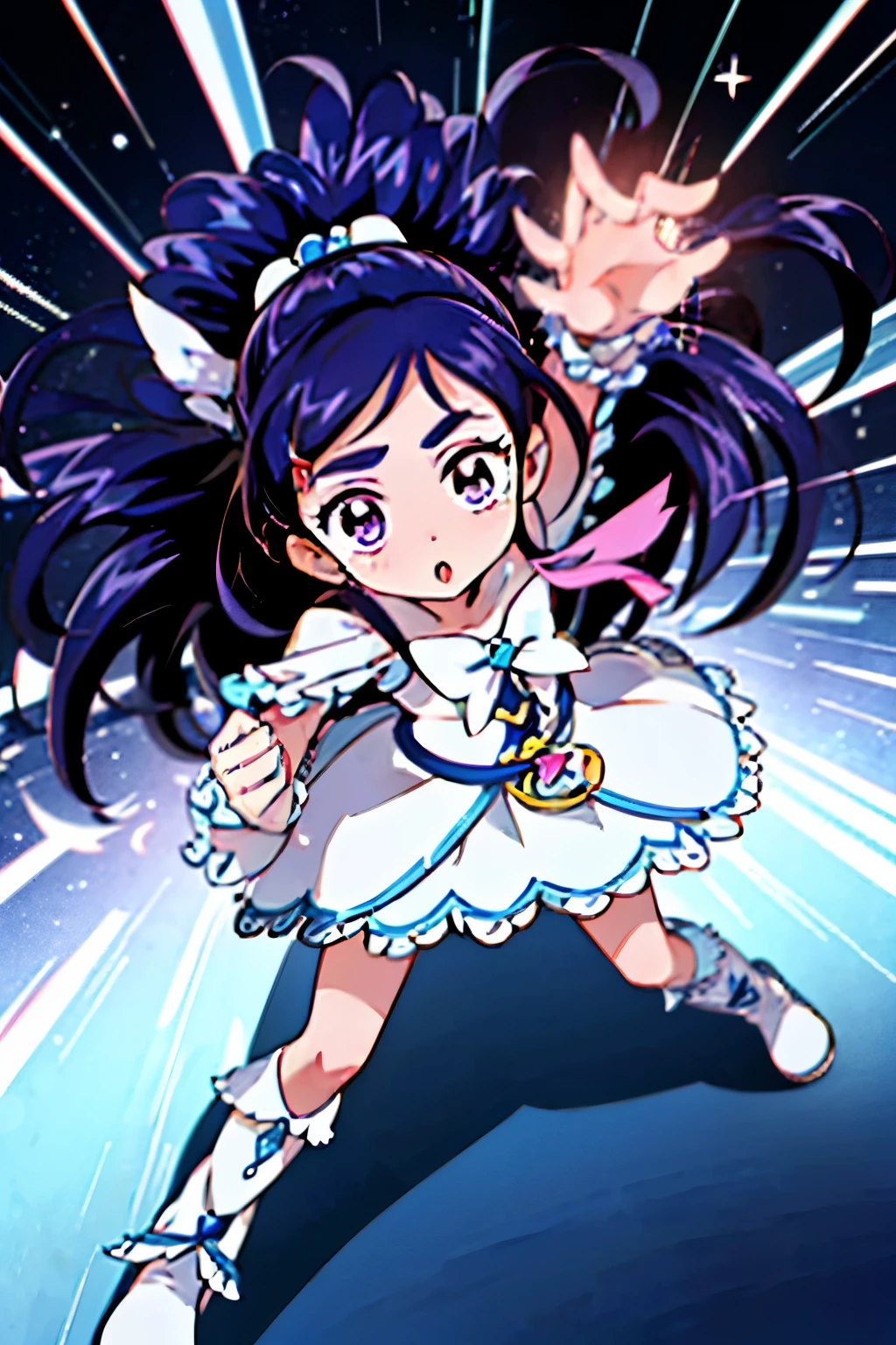 1girl in 、curewhite、aiming at viewer、Dynamic Action Poses for Battle Scenes,masterpiece, detailed shadow, Detailed light, ighly detailed, 最hightquality, hard disk, in 8K, hightquality、Clear face、(Fighting stance、)、beautiful digital works of art、