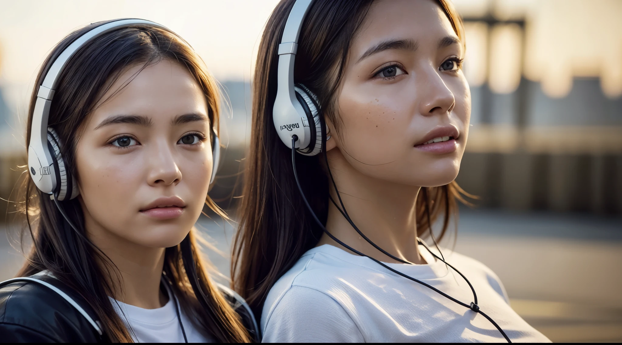 dressed, (photo realistic:1.4), (hyper realistic:1.4), (realistic:1.3), (smoother lighting:1.05), (increase cinematic lighting quality:0.9), 32K, 1girl,20yo girl, realistic lighting, backlighting, light on face, ray trace, (brightening light:1.2), (Increase quality:1.4), (best quality real texture skin:1.4), finely detailed eyes, finely detailed face, finely quality eyes, (tired and sleepy and satisfied:0.0), face closeup, t-shirts with headphones, (Increase body line mood:1.1), (Increase skin texture beauty:1.1)