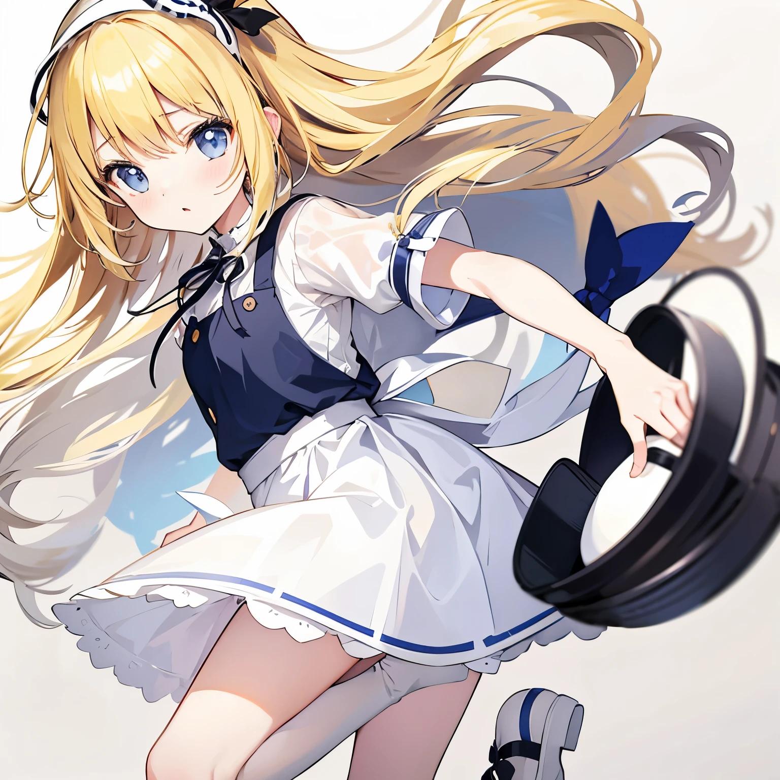 Sola, 1girl in, 独奏, length hair, blue eyess, blonde hair, The shirt, the bow, bow ribbon, Very long hair, Hair Ribbon, white shirt, shortsleeves, wingspan, Stripes, shirt with collar, a bow tie, pinafore, 2 sides up, Black bow, The halo, Blue Ribbon, brow, Striped bow, one white winged, ID Card, Blue apron,A smile,Raising the skirt in height,underpants,be shy,