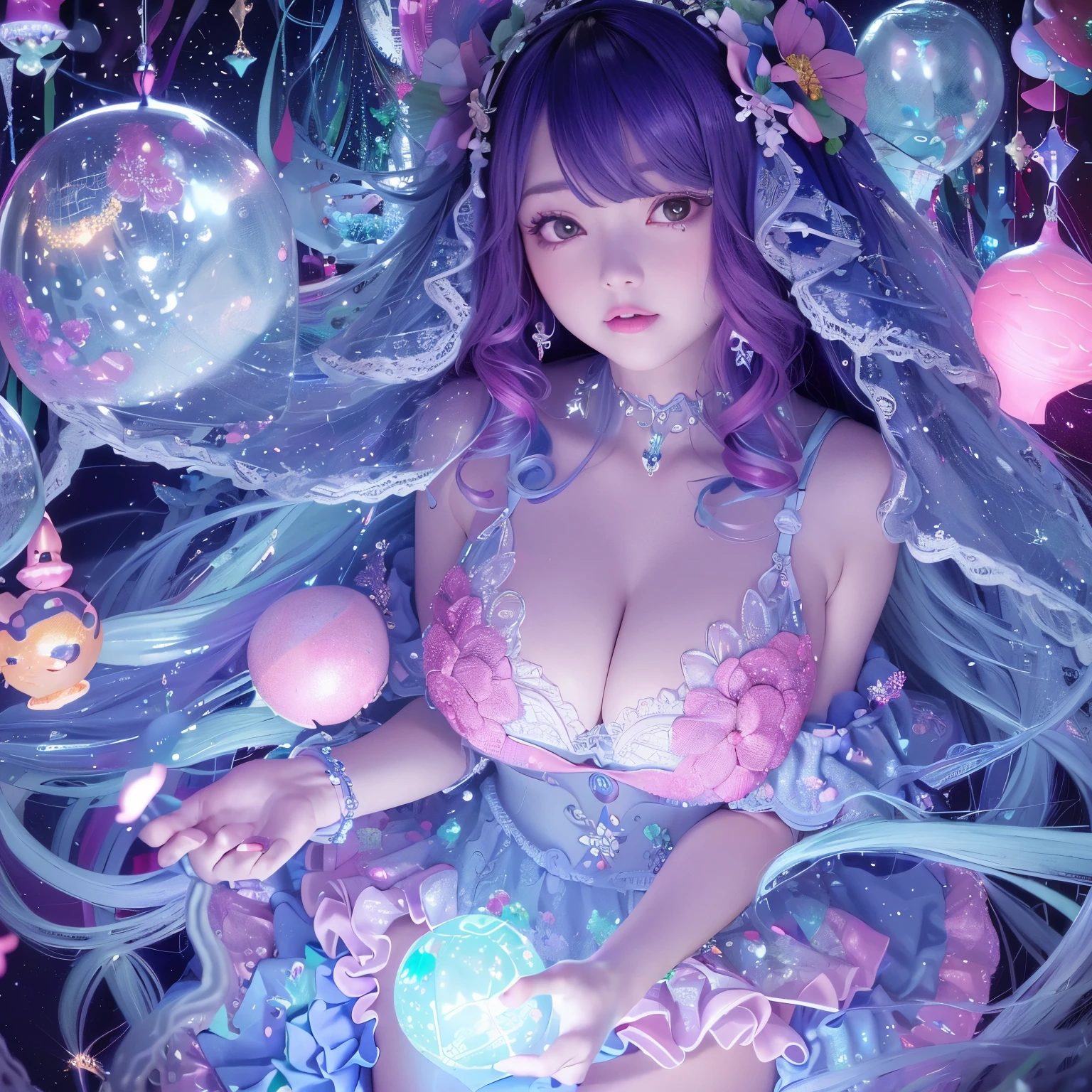 The upper part of the body、one girls、I have dark blue hair color、Two-tone、(Pink Highlight Hair、curlyhair/floral hair band、very Bigger breasts、Lace Bikini(sparkling jewel design)Glittering jewel lace ornaments on the body、Countless glowing spheres float、Glowing soap bubbles、shining chandelier、underwater where fish swim、Glowing jellyfish、Looking at the camera