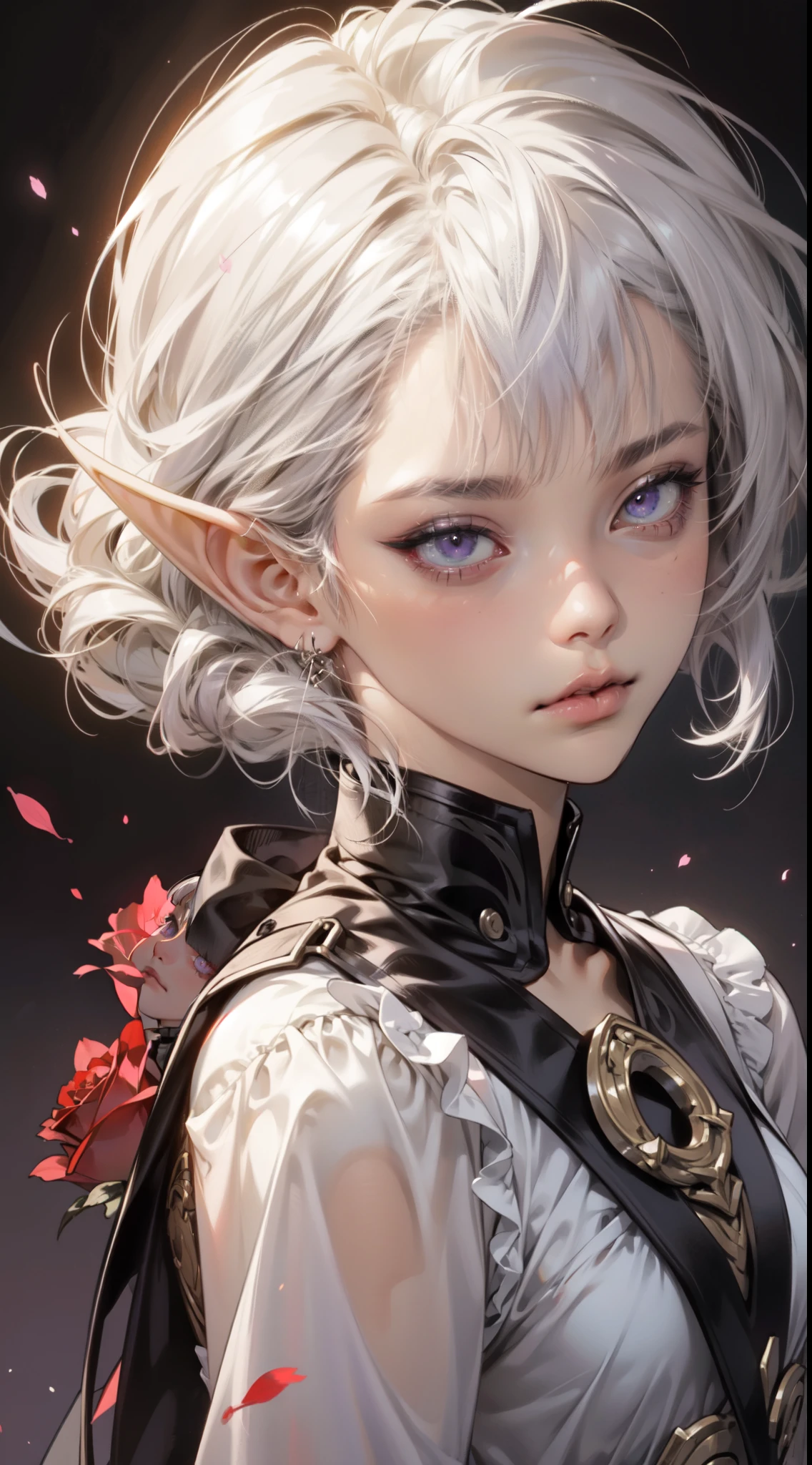 ((best quality)), ((masterpiece)), (detailed), perfect face, a woman dark elf who is a chaos knight, (design by Yoshitaka Amano:1.3), (corrupted:1.2), (rose in hands:1.1), (mysterious:1.25), (elegant:1.15), (dangerous:1.3), (dark and misty background:1.2), (intriguing:1.1), (purple and black colors:1.3), (sharp focus:1.2), (powerful:1.25), (sorrowful expression:1.3), (fantasy:1.2), BREAK, highly detailed of (dark elf:1.2), (1girl), solo, perfect face, details eye, Blunt bangs, (hair between eye), white hair, violet eyes, art by Artgerm, by Kawacy,  BREAK, eyelashes, eyeshadow, pink eyeshadow, (tanned skin:1.2)