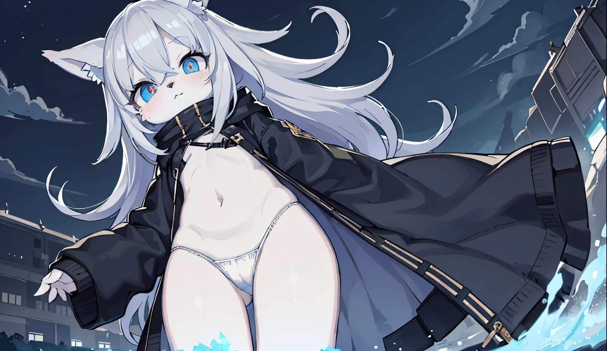 ((Best Quality)),Looking up from below、Wearing a black hoodie、looked lonely、He had gray hair and furry ears.、eyes are very blue、wolf girl。The back is black。The wind is blowing、Hair is fluttering。murky、natta