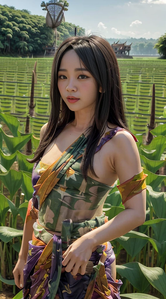 1girls, single, half body portrait, (((Thai sarong:1.4))), bathe, Thai rice field backdrop, Thai folk atmosphere, long-haired, looking at the audience, enormous breasts,